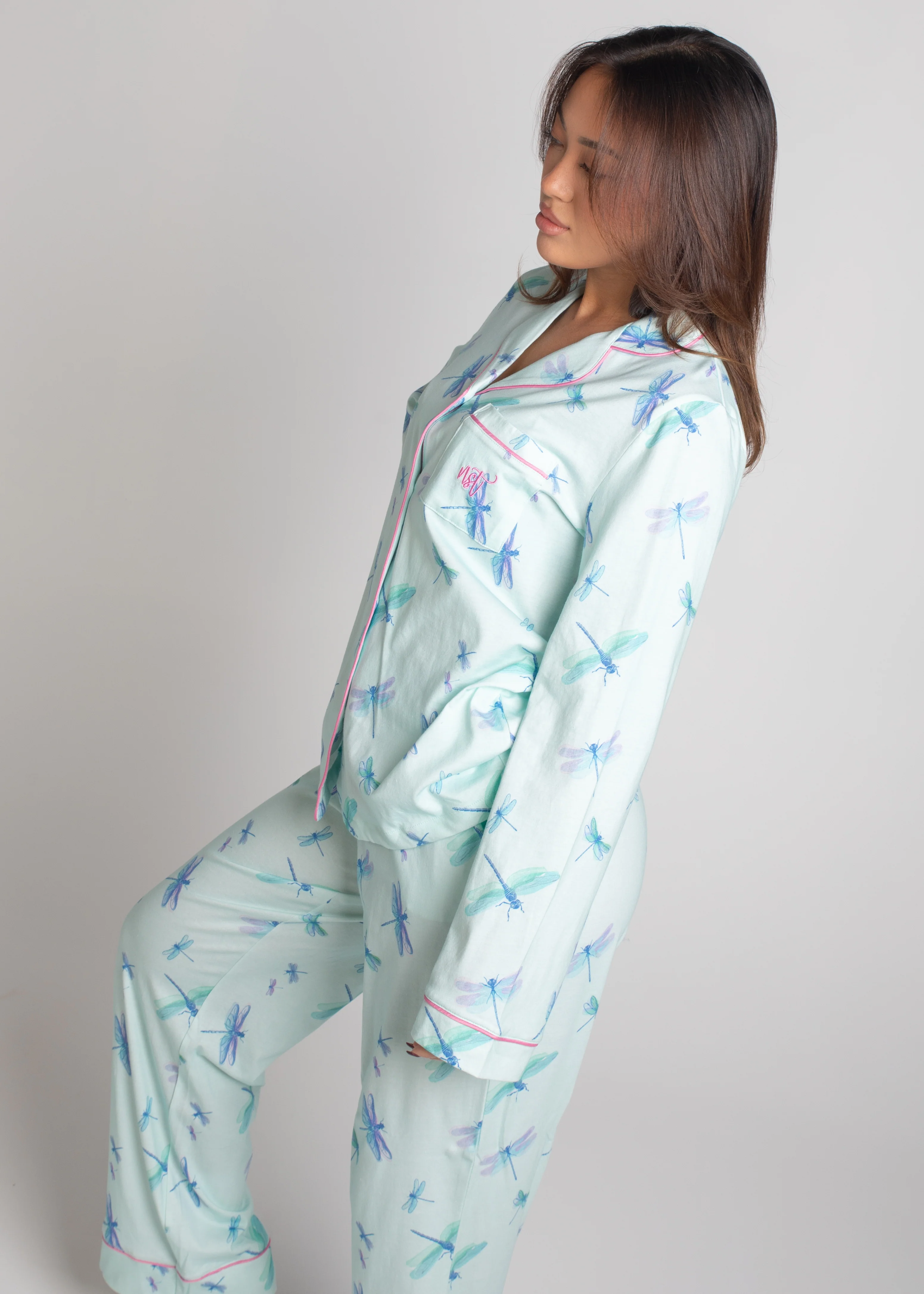 Aqua Dragonflies Jersey Knit Cotton Long Sleeve Long Pants PJ Set - Image 3