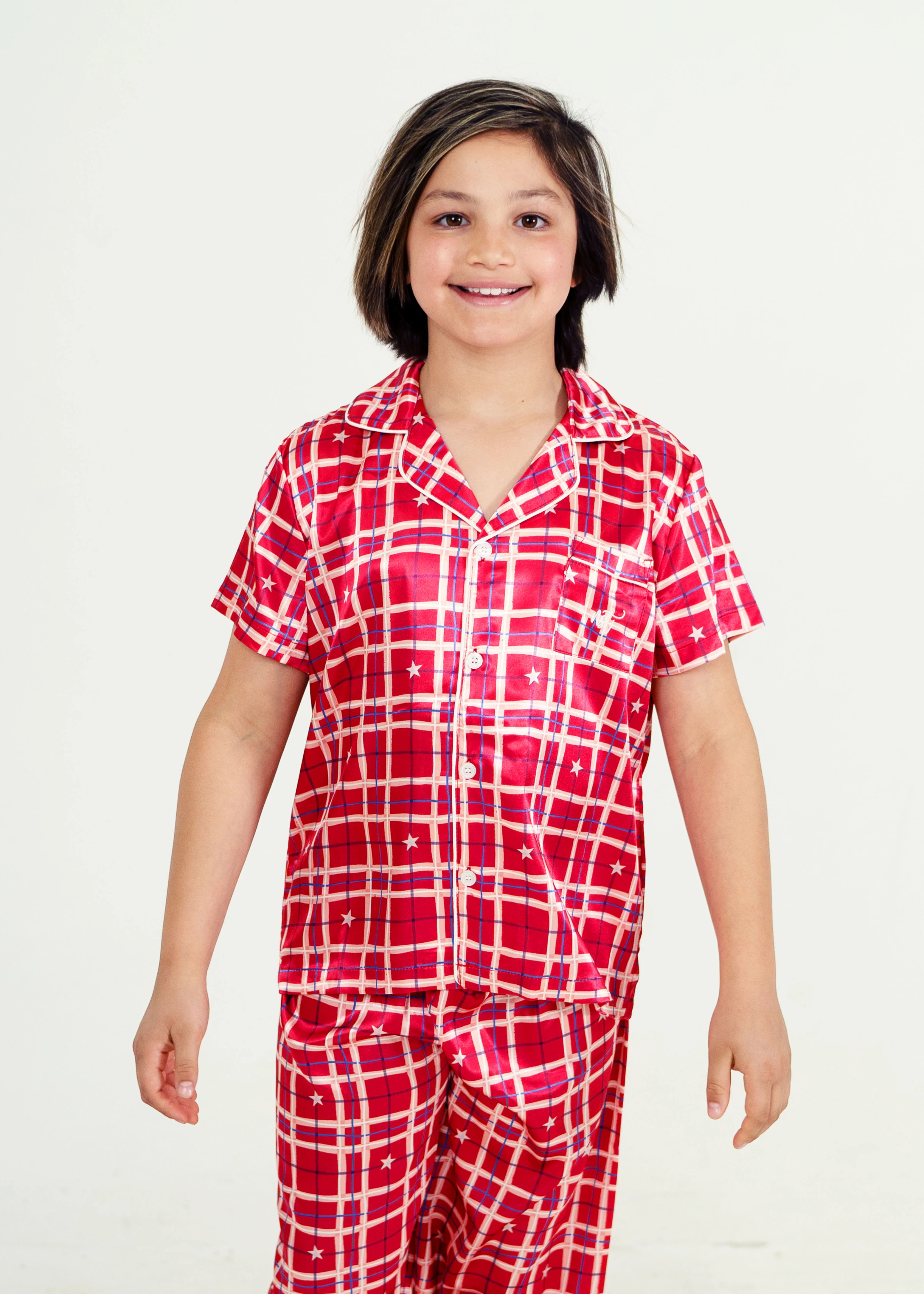 Boys Starry Tartan Red Satin Short Sleeve/Long Pants Pyjama Set - Image 3