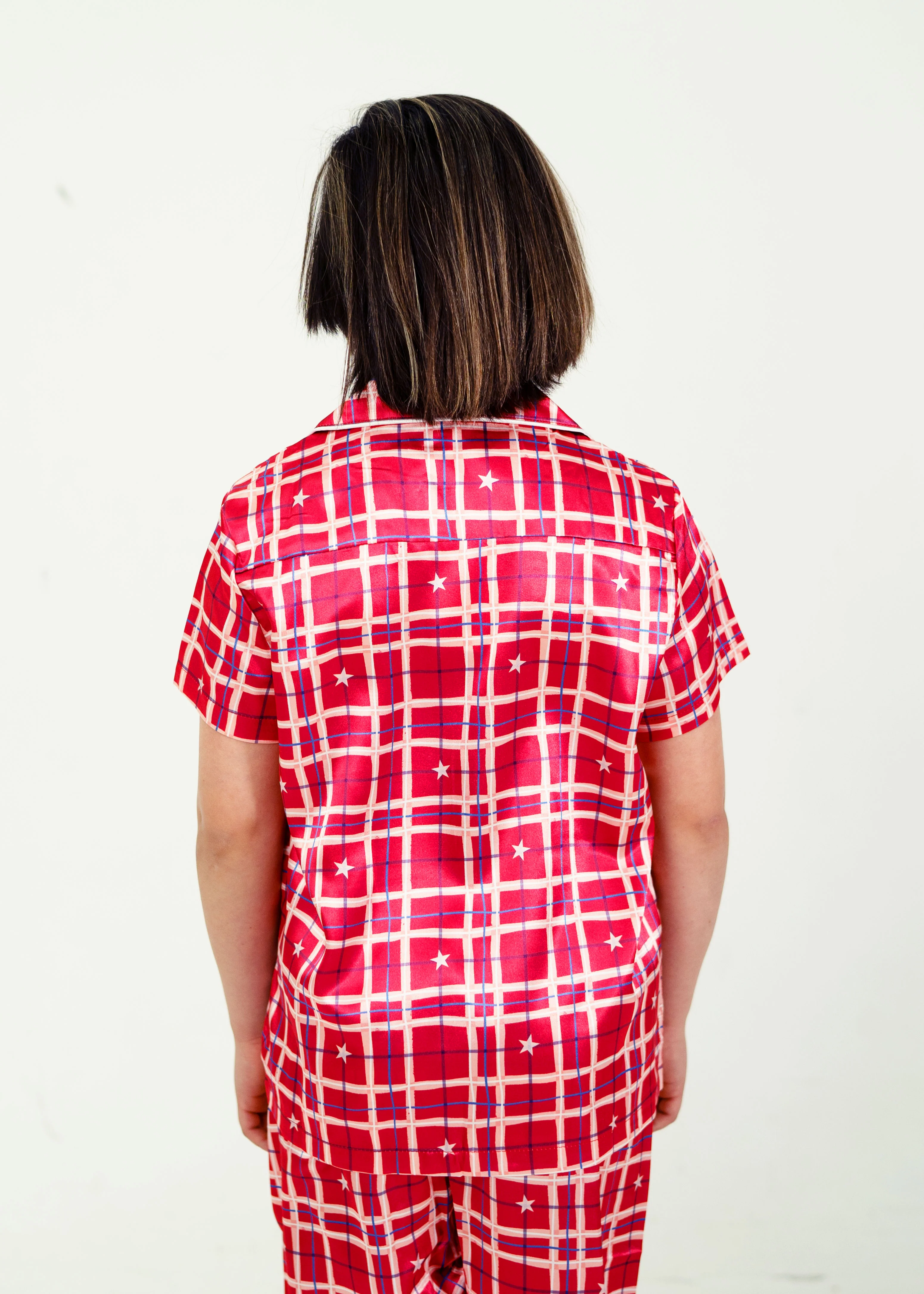 Boys Starry Tartan Red Satin Short Sleeve/Long Pants Pyjama Set - Image 4