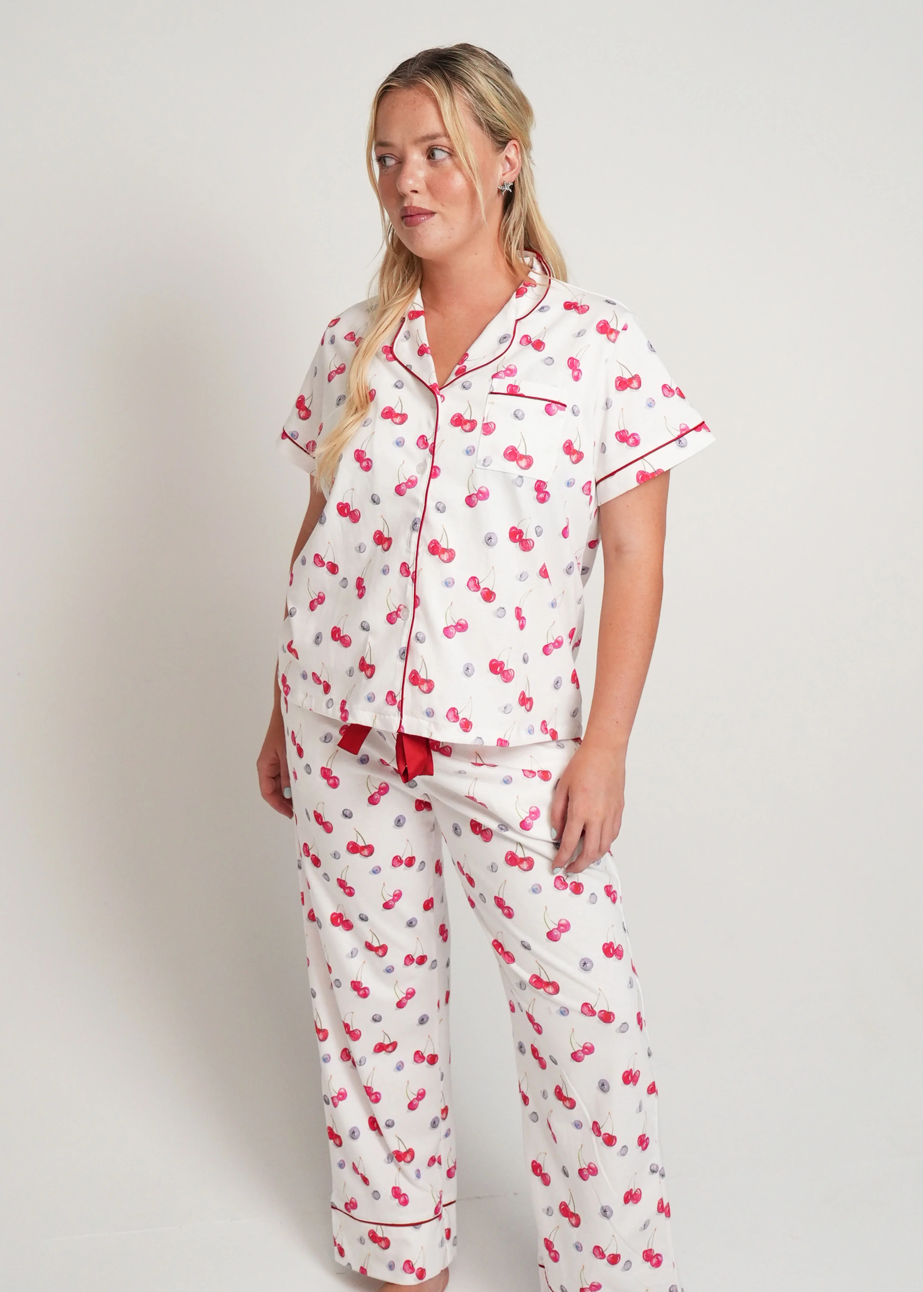 Cherries and Berries Jersey Knit Cotton Short Top / Long Pants PJ Set - Image 2