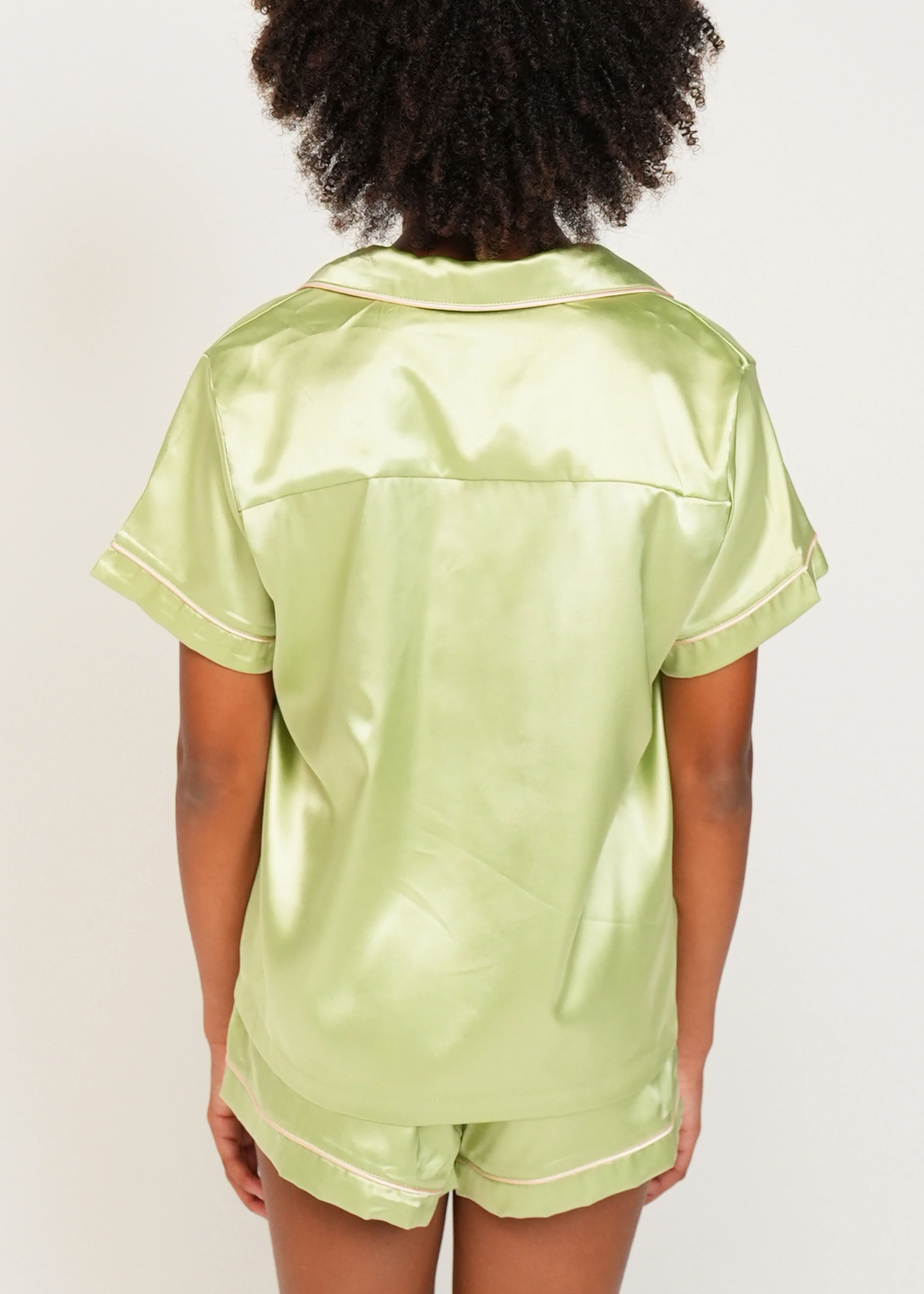 Girls Sage Green Satin Short Pyjama Set - Image 4