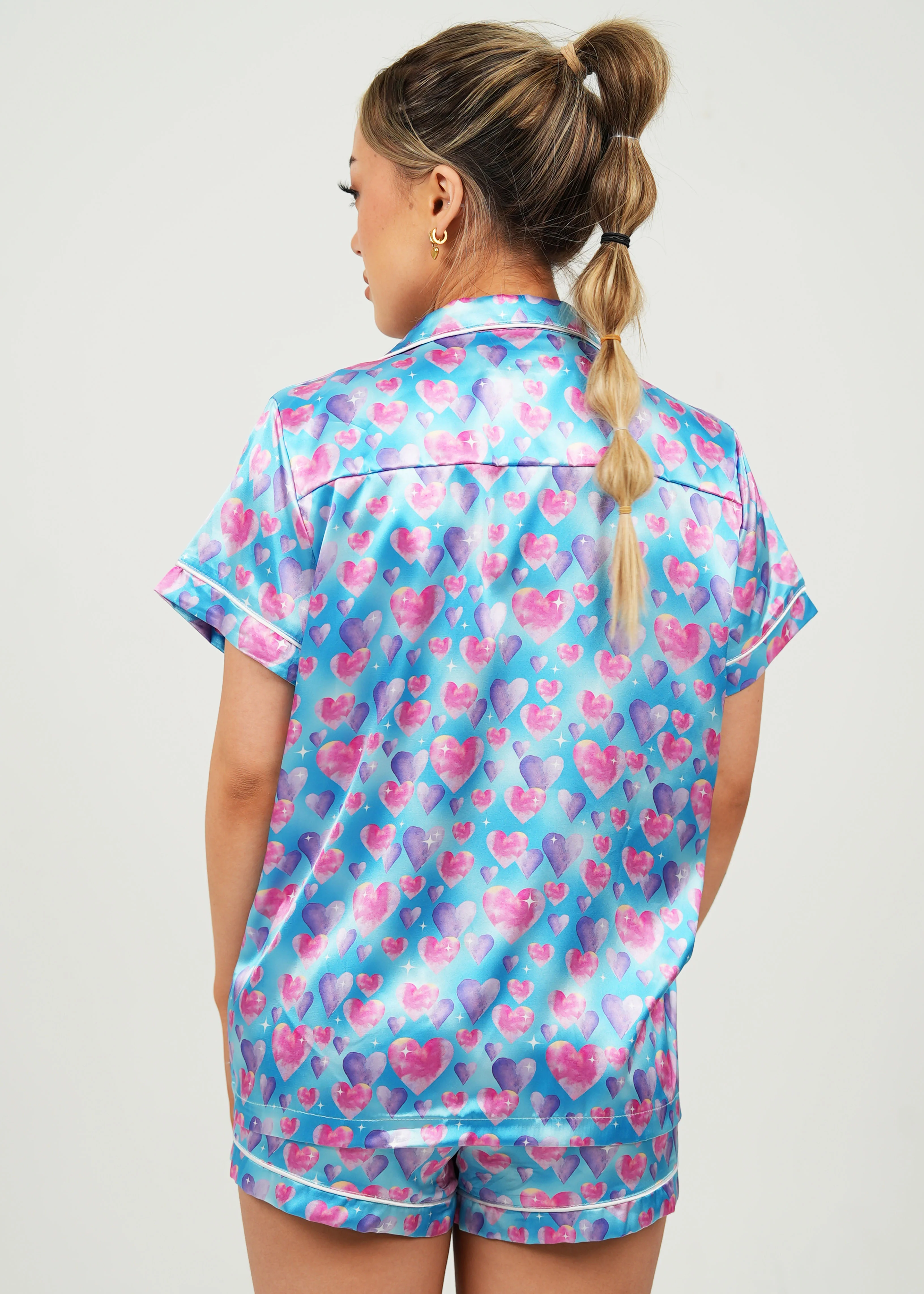 Diamond Hearts Blue Satin Short PJ Set - Image 3