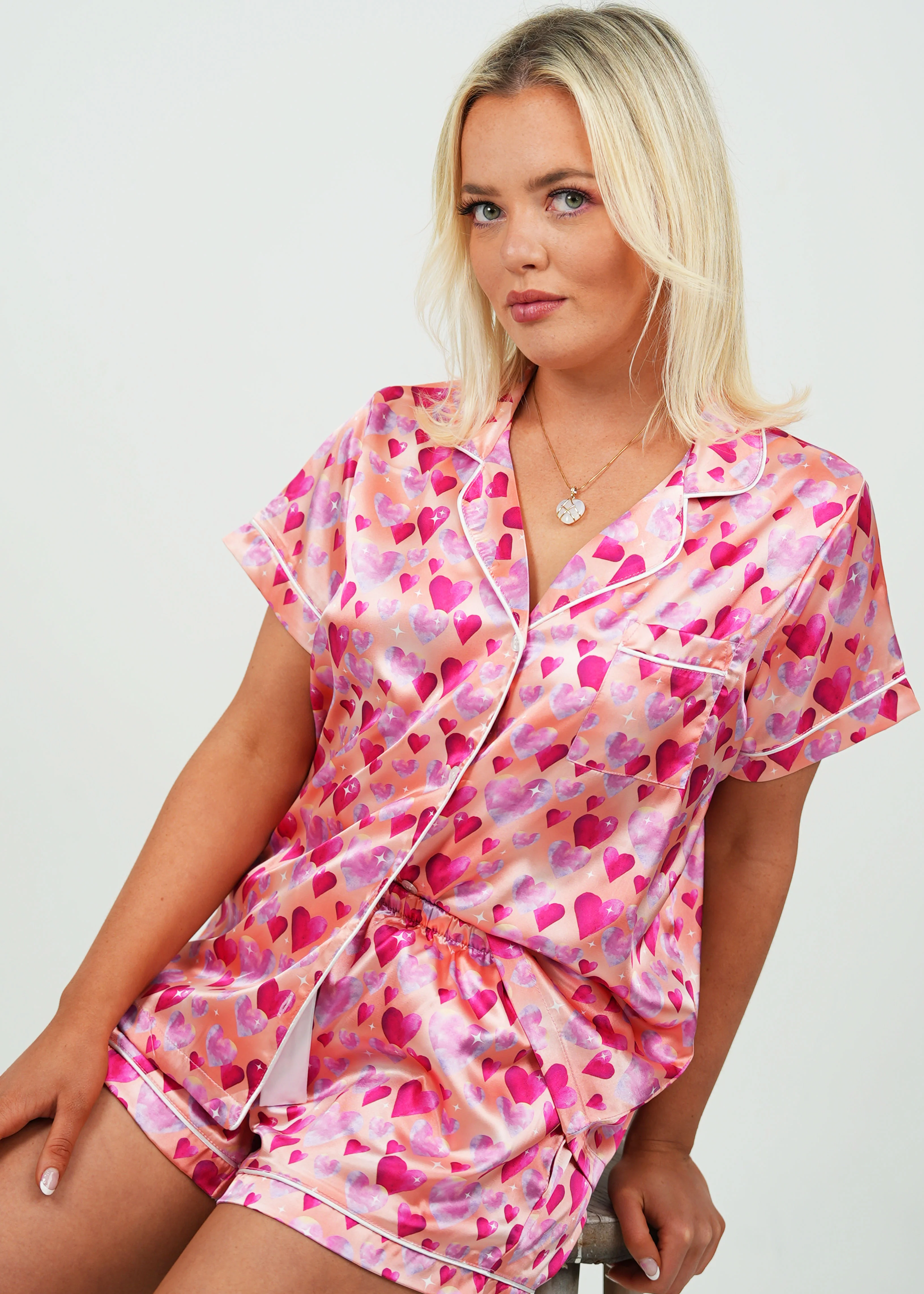 Diamond Hearts Orange Satin Short PJ Set - Image 3