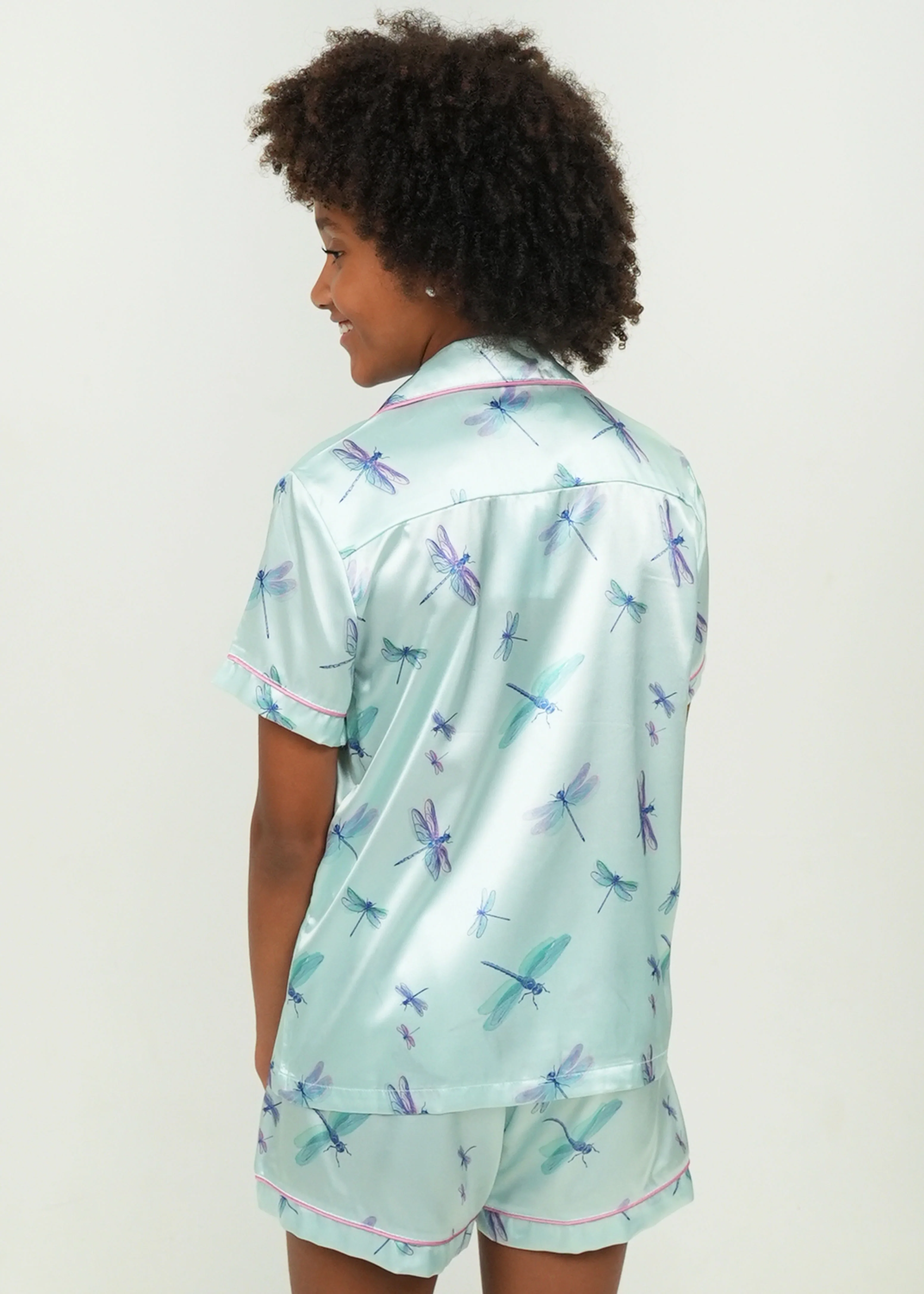 Girls - Aqua Dragonflies Satin Short PJ Set - Image 3