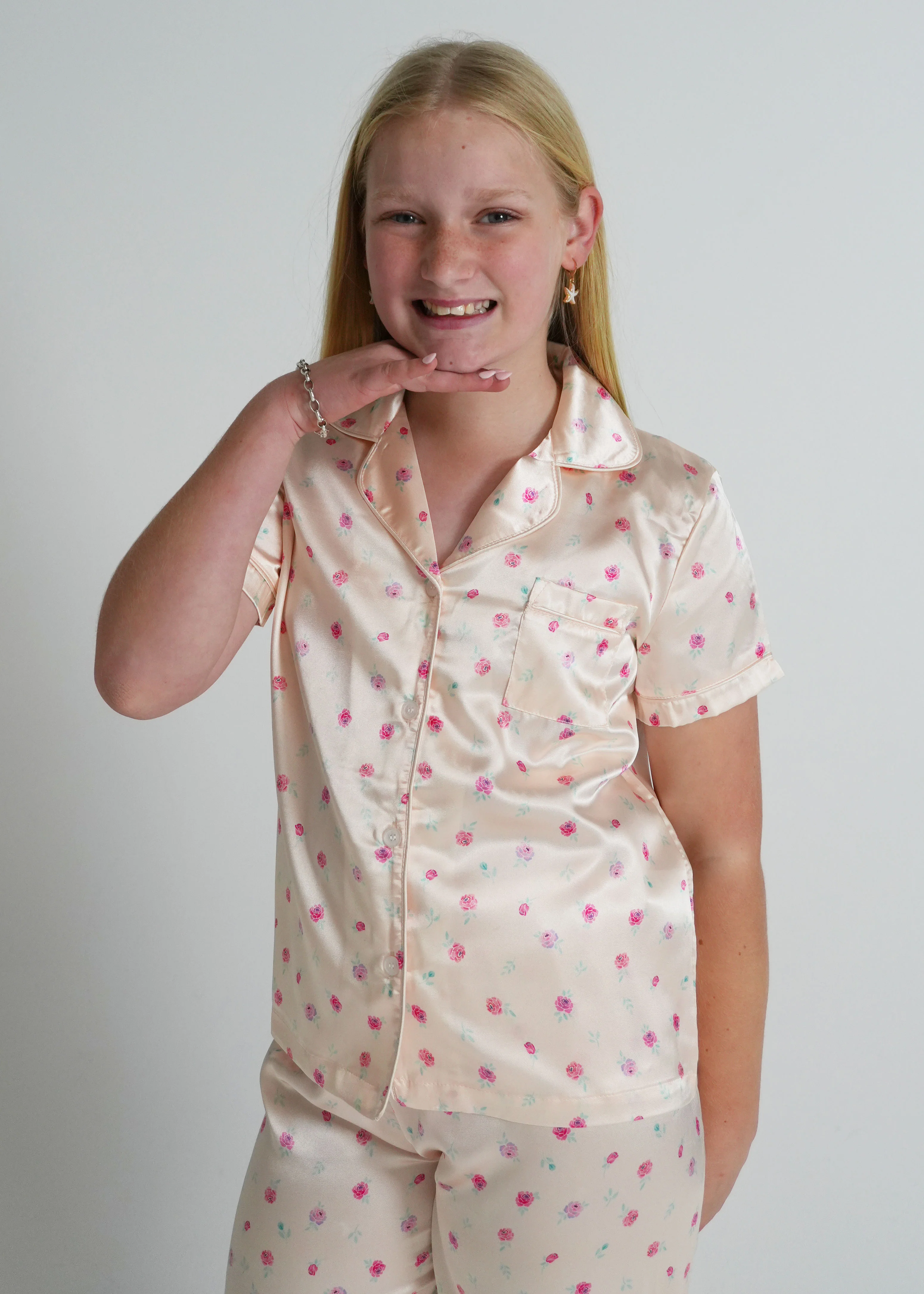 Girls - Champagne Rose Satin Long PJ Set - Image 4