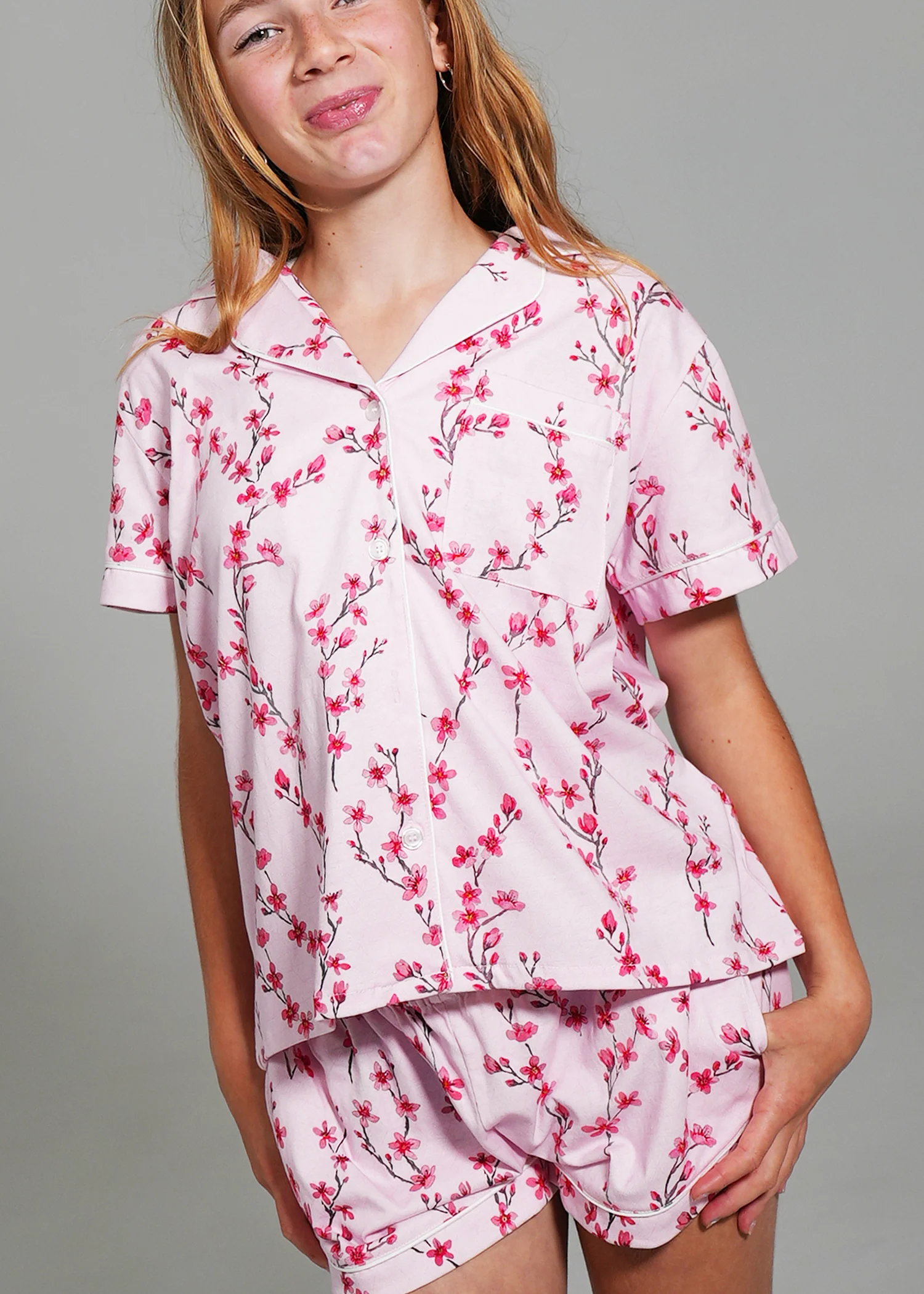 Girls - Cherry Blossom Jersey Knit Cotton Short PJ Set - Image 4