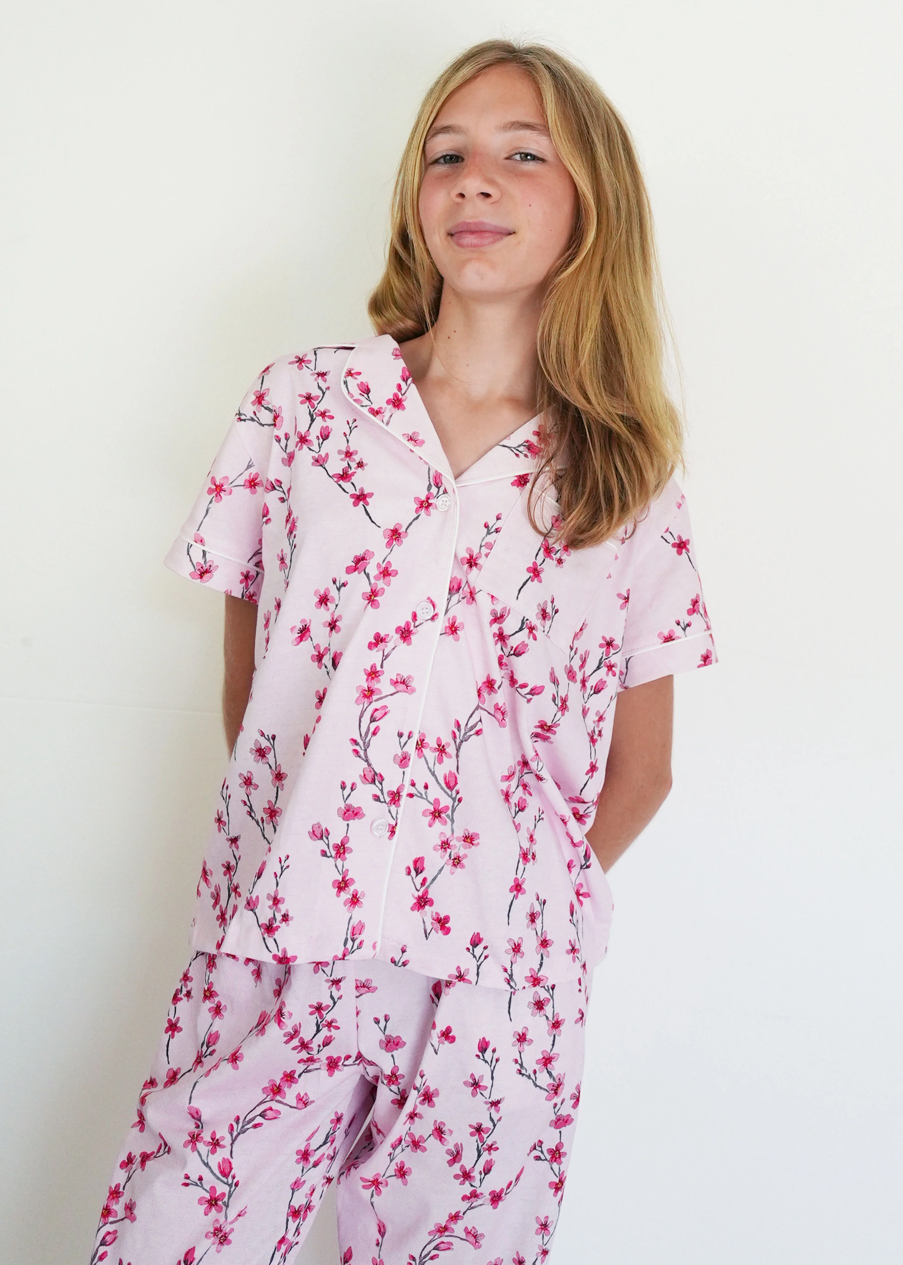 Girls - Cherry Blossom Jersey Knit Cotton Short Top / Long Pants PJ Set