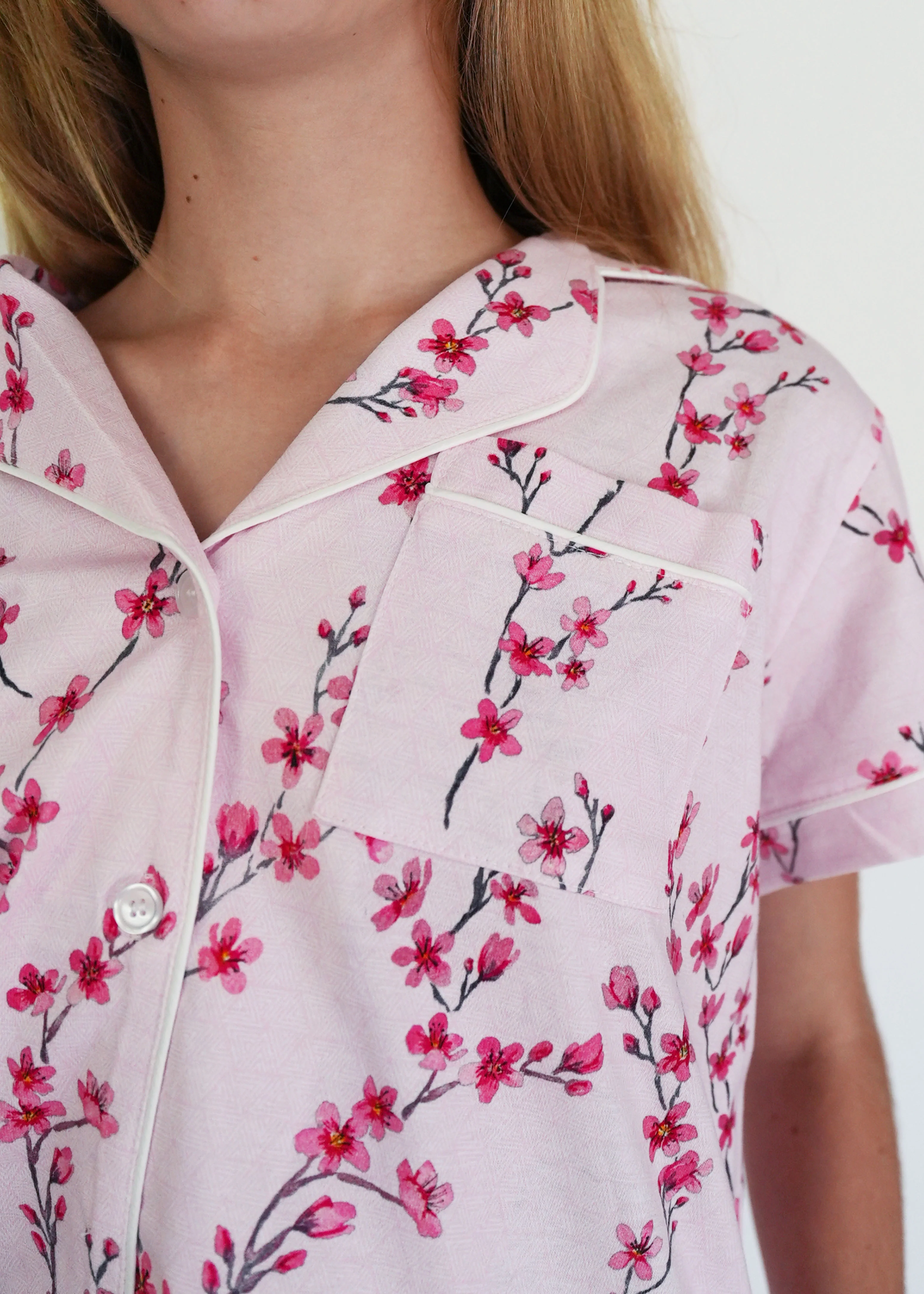 Girls - Cherry Blossom Jersey Knit Cotton Short Top / Long Pants PJ Set - Image 4