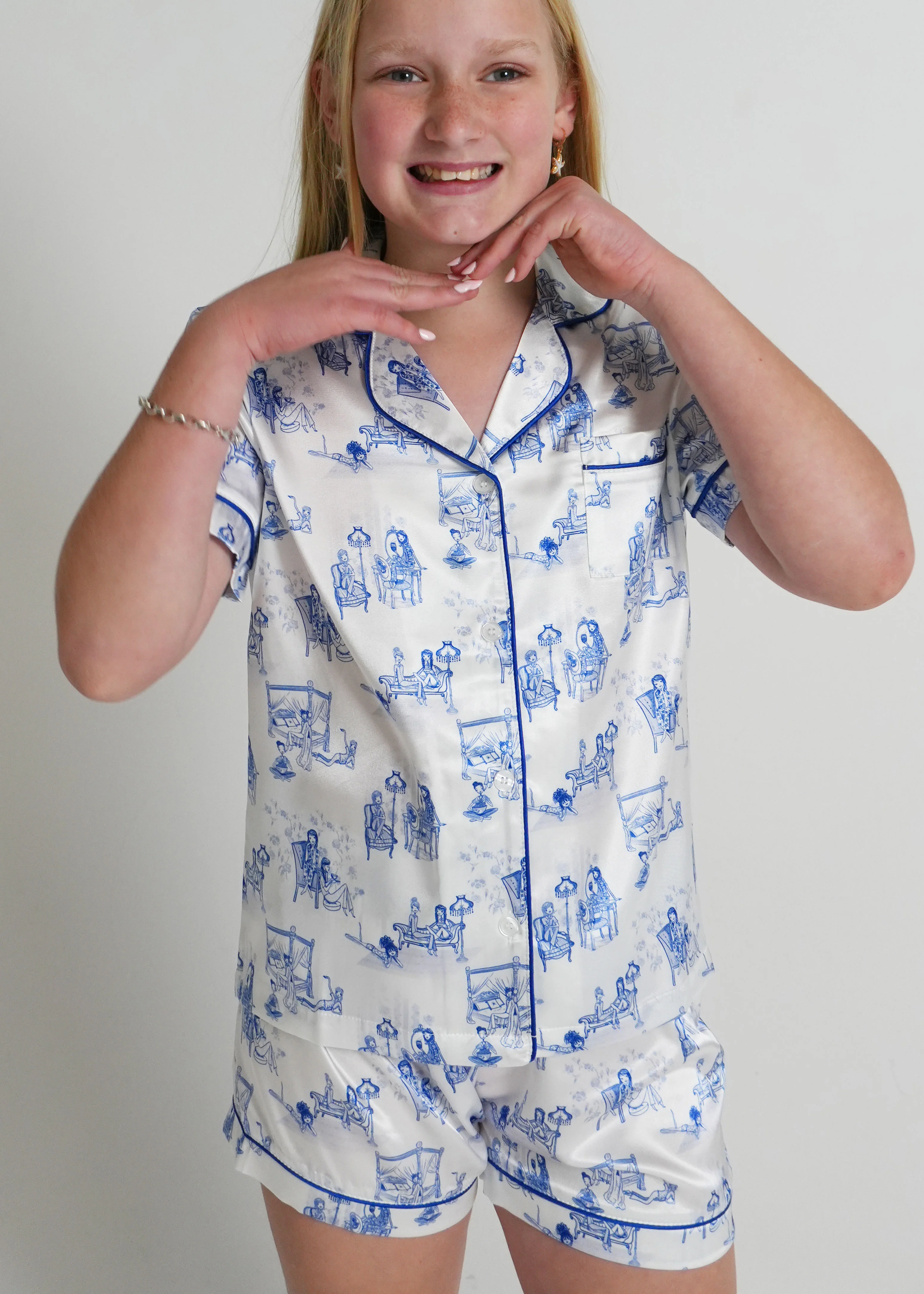 Girls - Dollhouse Blue Satin Short PJ Set - Image 4