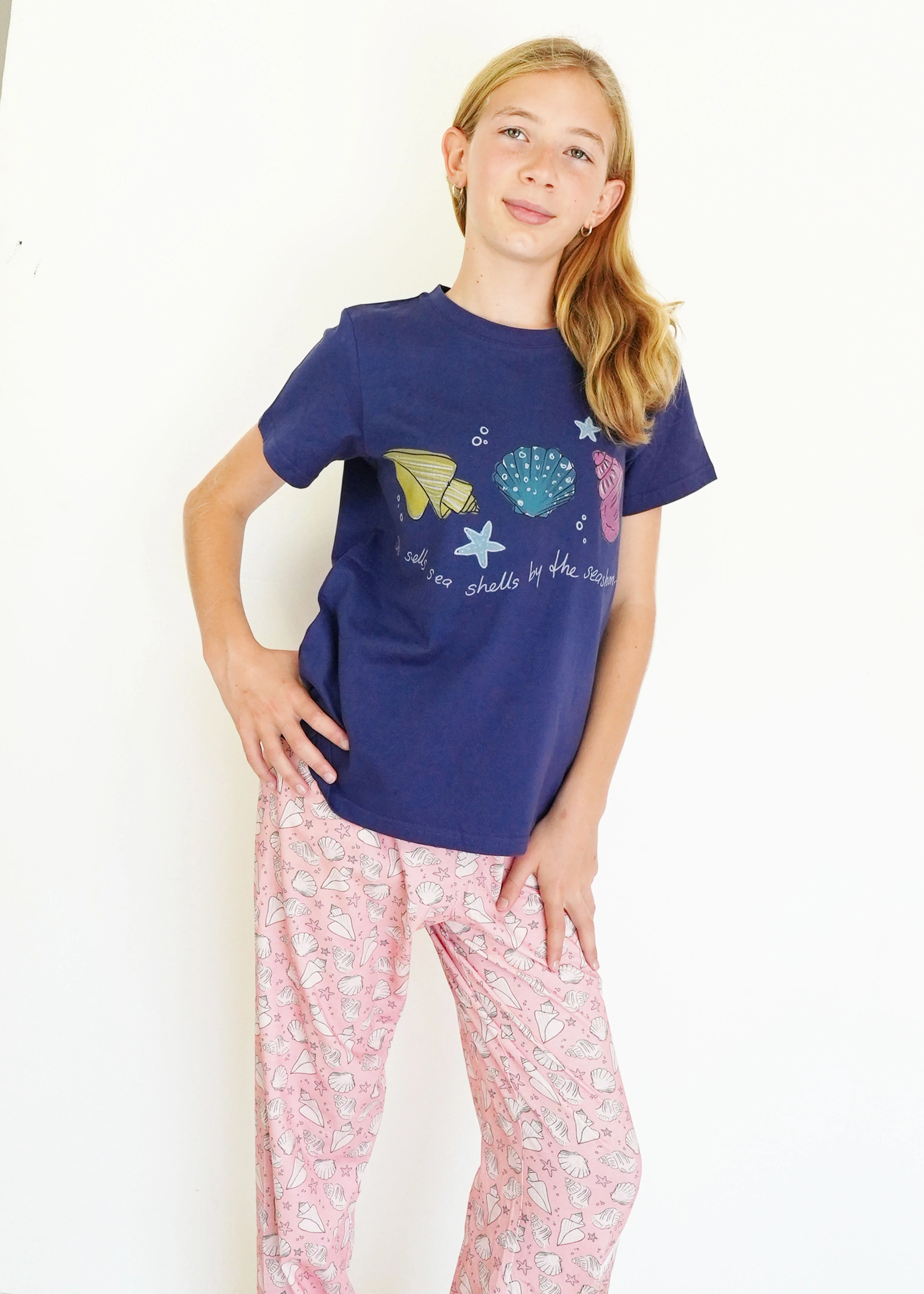 Girls - Navy Seashells T-Shirt & Long Pants PJ Set