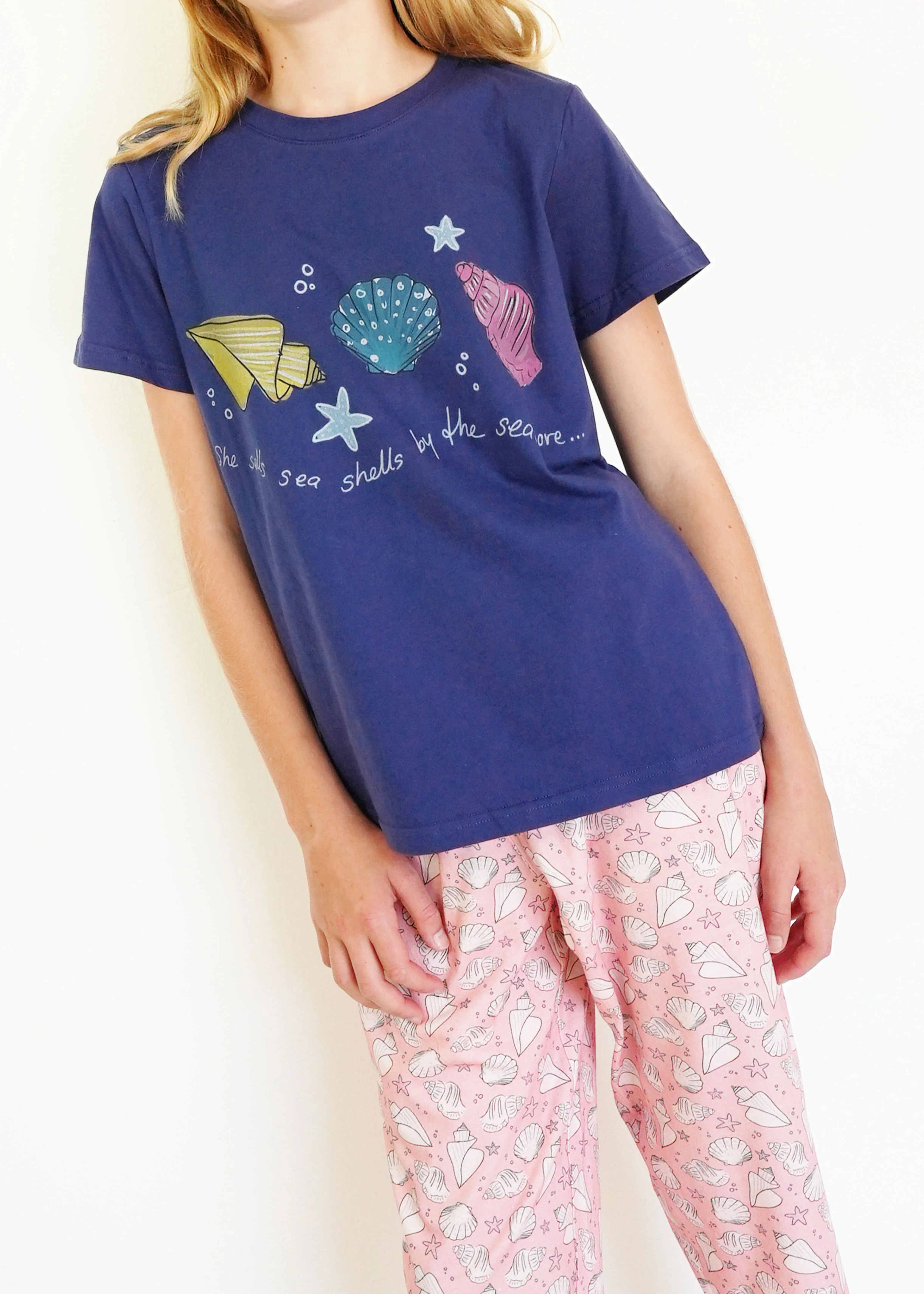 Girls - Navy Seashells T-Shirt & Long Pants PJ Set - Image 2