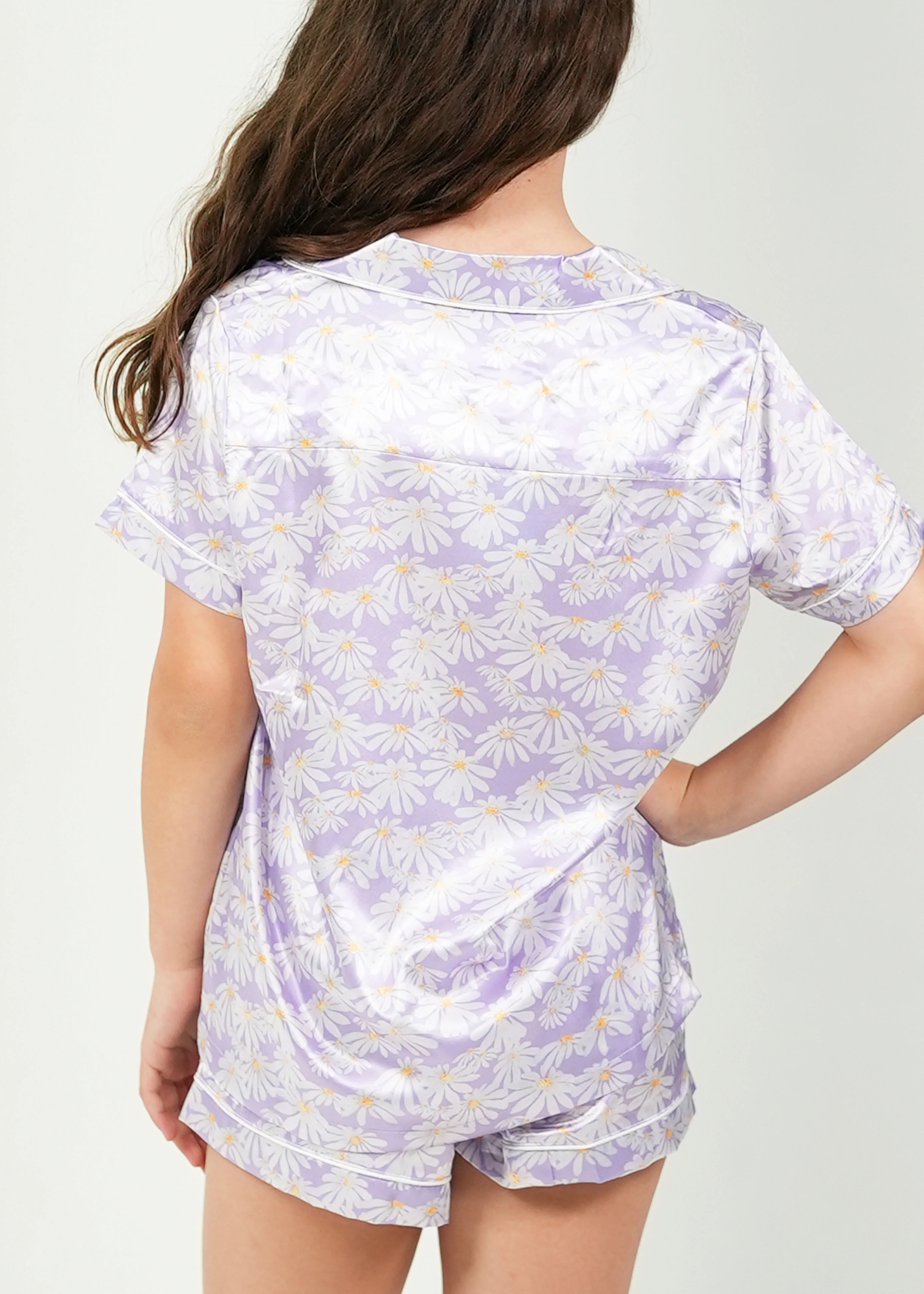 Girls Purple Daisy Satin Short Pyjama Set - Image 4