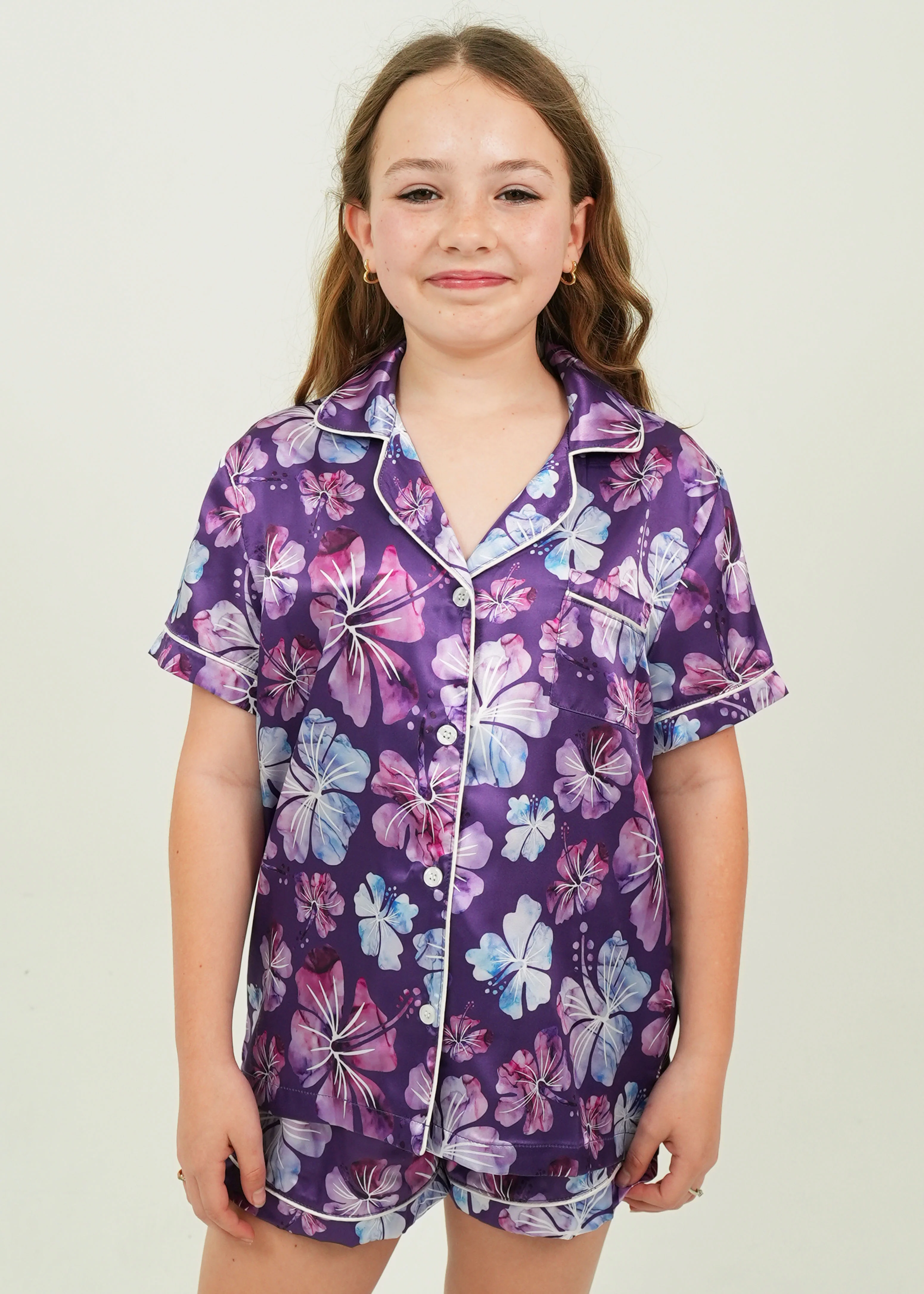 Girls Purple Hibiscus Satin Short Pyjama Set - Image 3