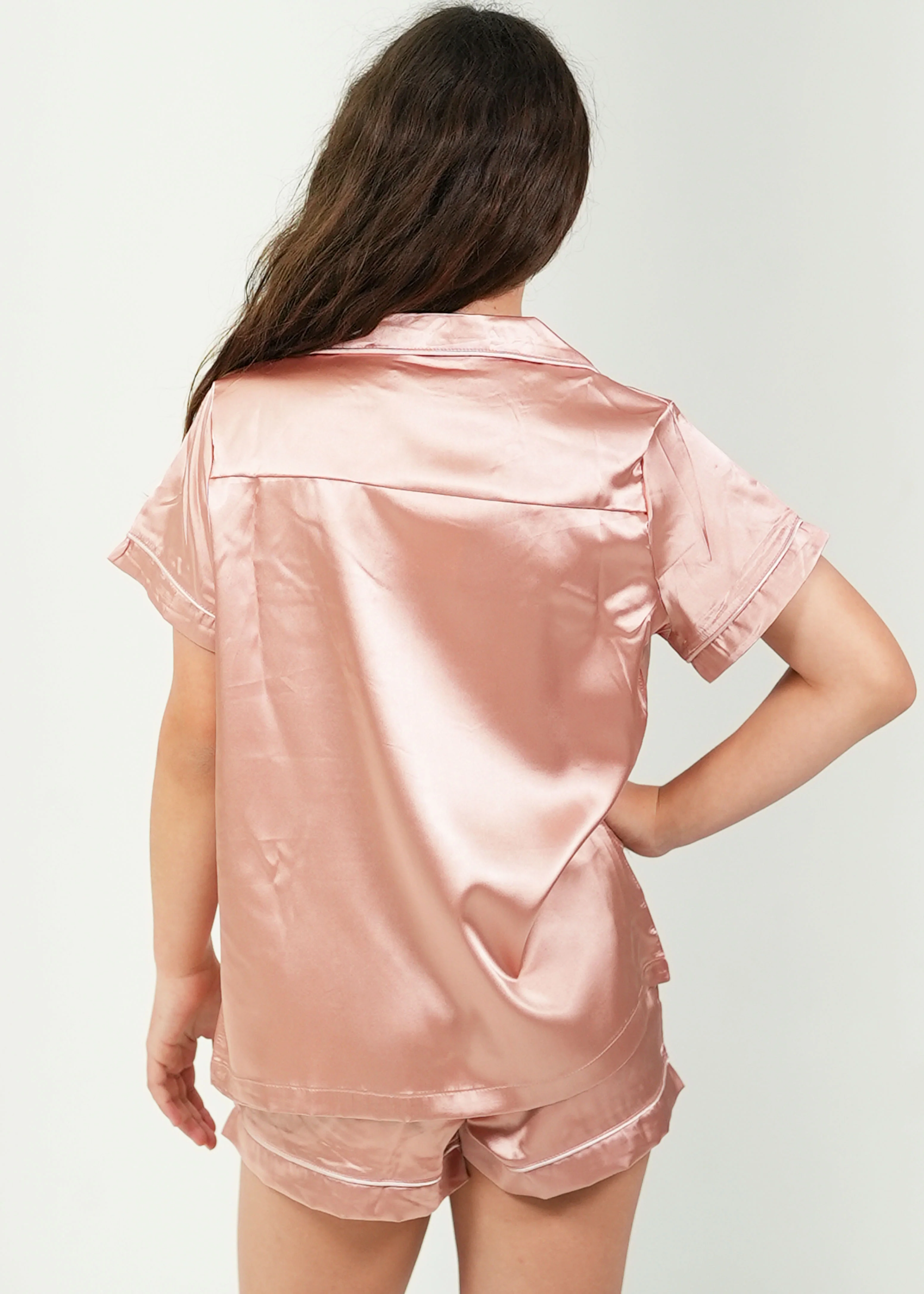 Girls Rose Pink (With Rose Pink Piping) Satin Short Pyjama Set - Image 3