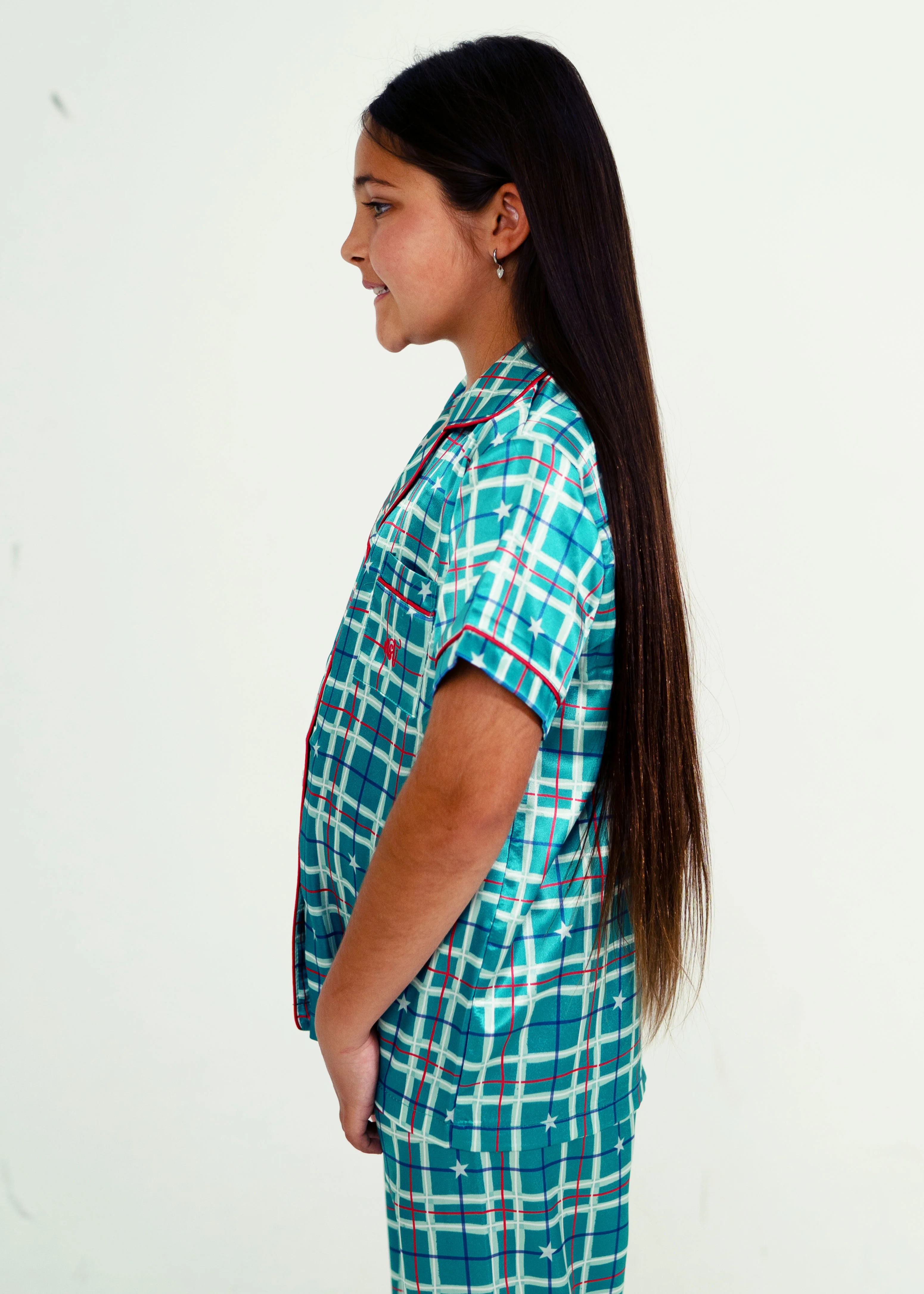 Girls - Starry Tartan Green Satin - Short Top/Long Pants PJ Set - Image 4