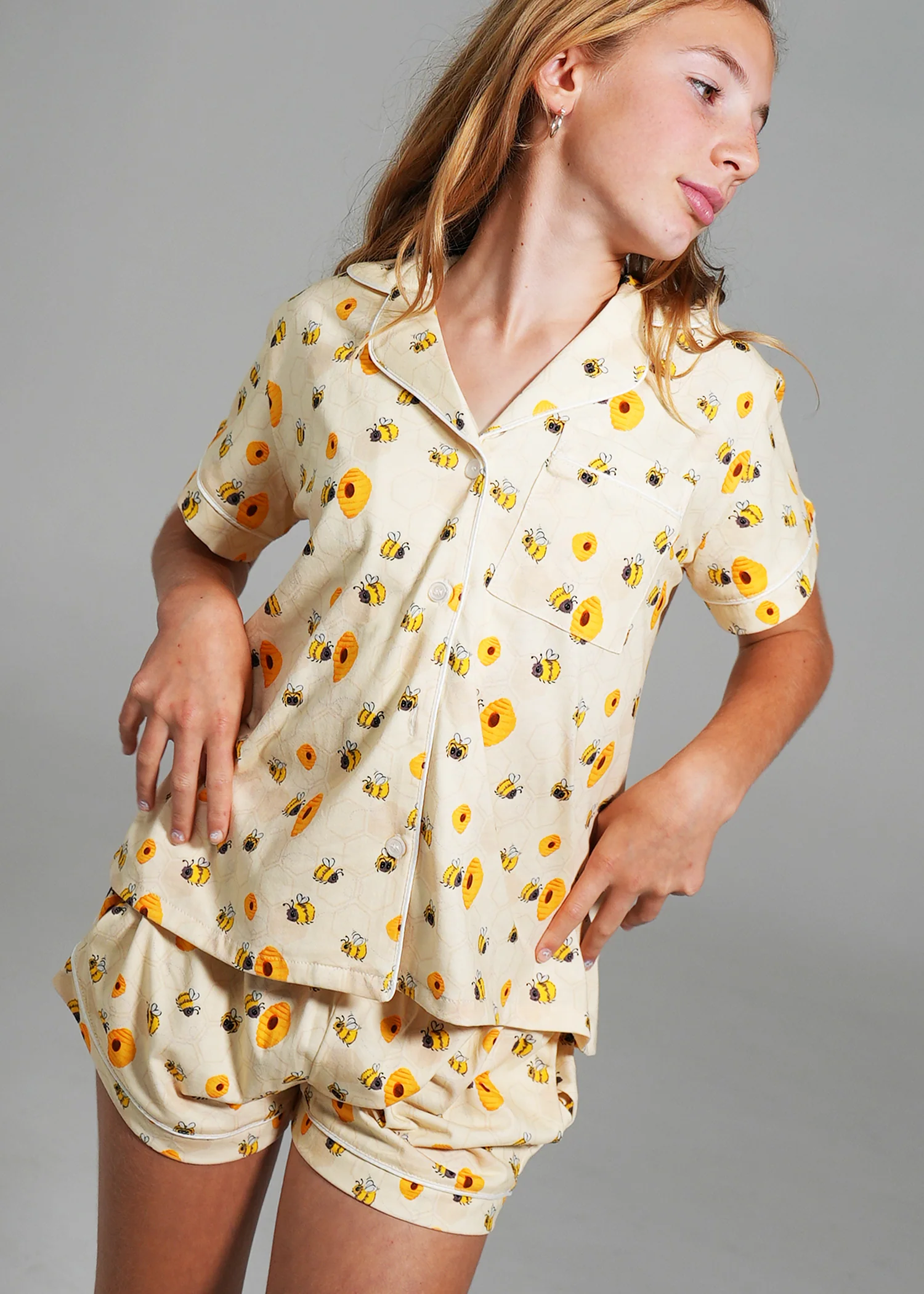 Girls - Yellow Bumble Bees Jersey Knit Cotton Short PJ Set - Image 3