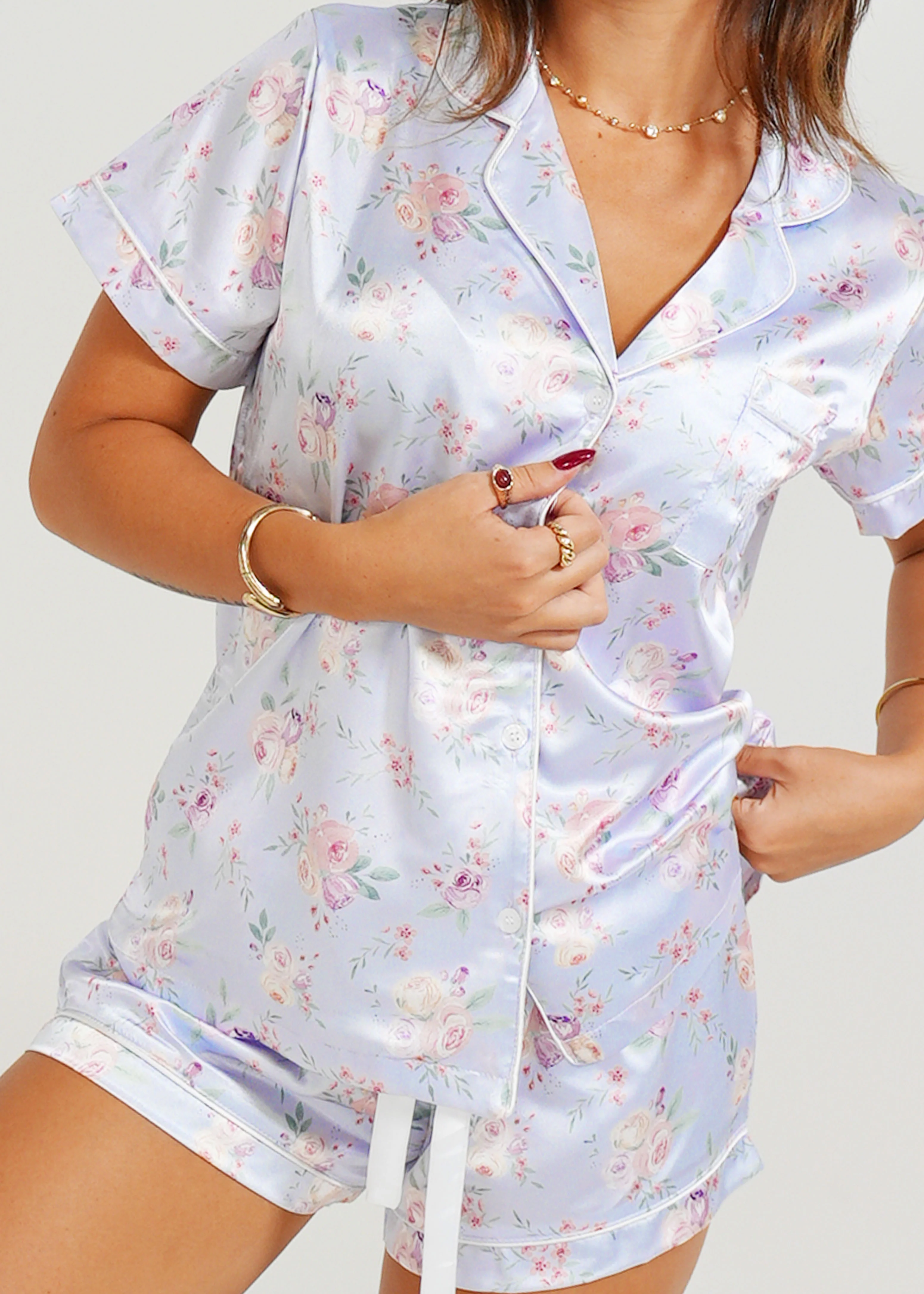 Lilac Blossom Satin Short Pyjama Set - Image 6