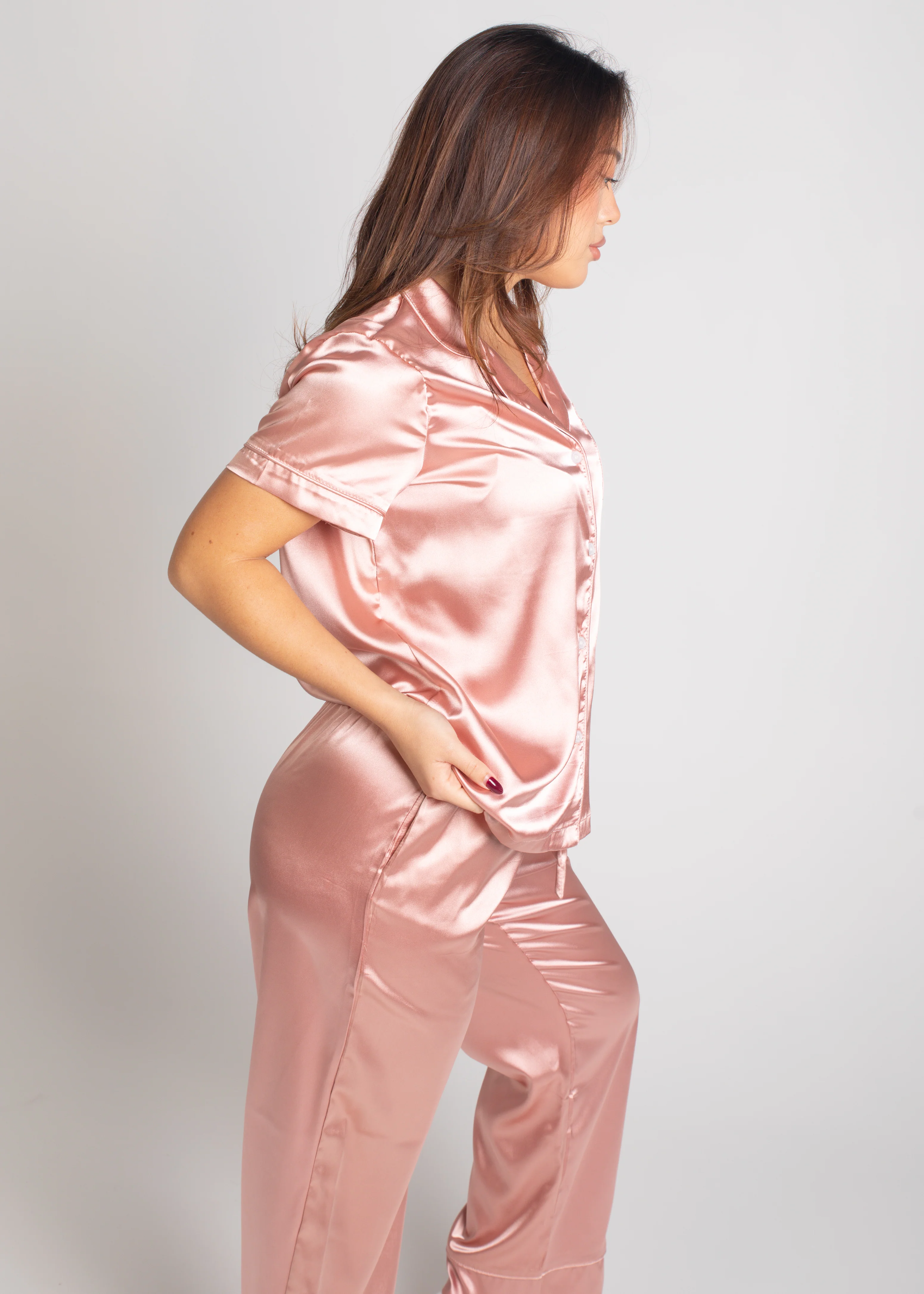 Women's Rose Pink (With Rose Pink Piping) Satin Long PJ Set - Image 3