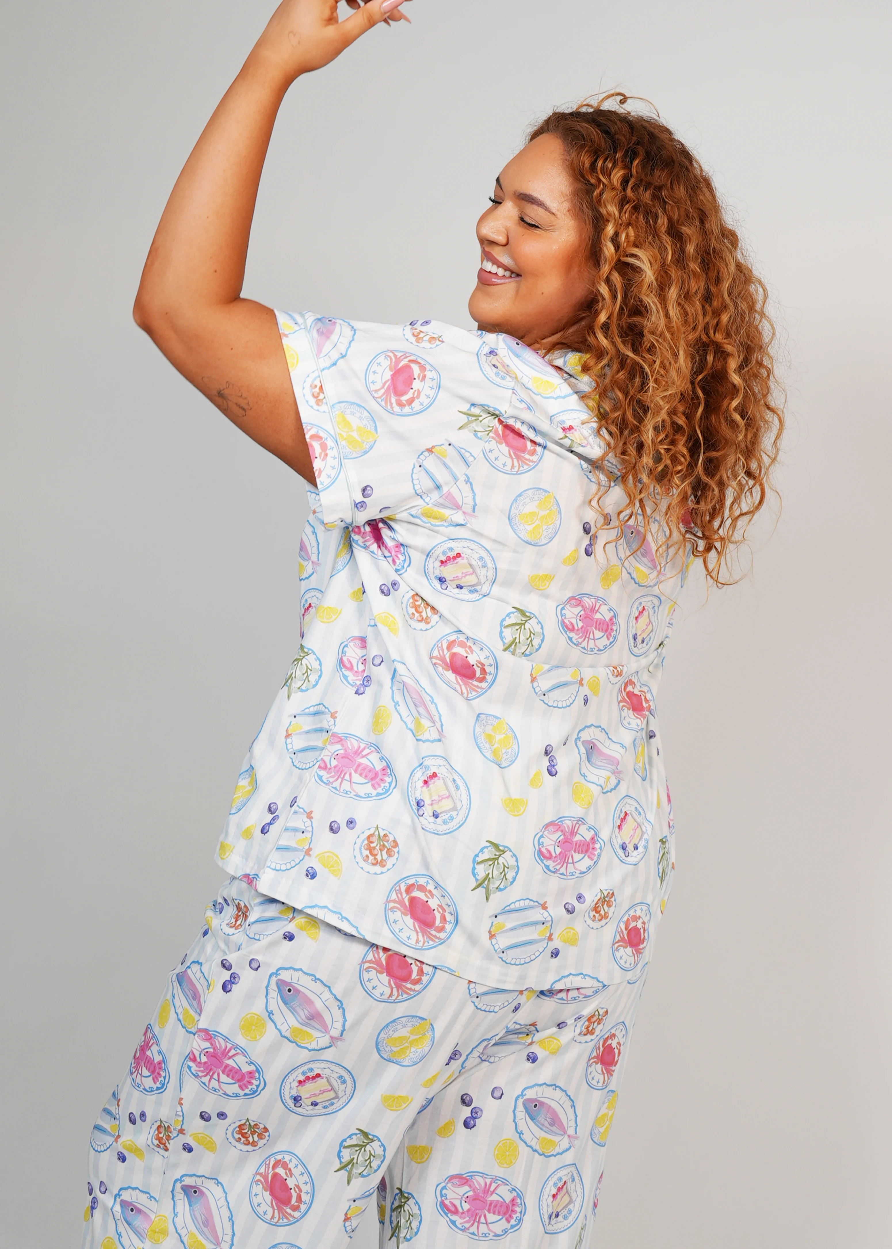 Seaside Picnic Jersey Knit Cotton Short Top / Long Pants PJ Set - Image 5