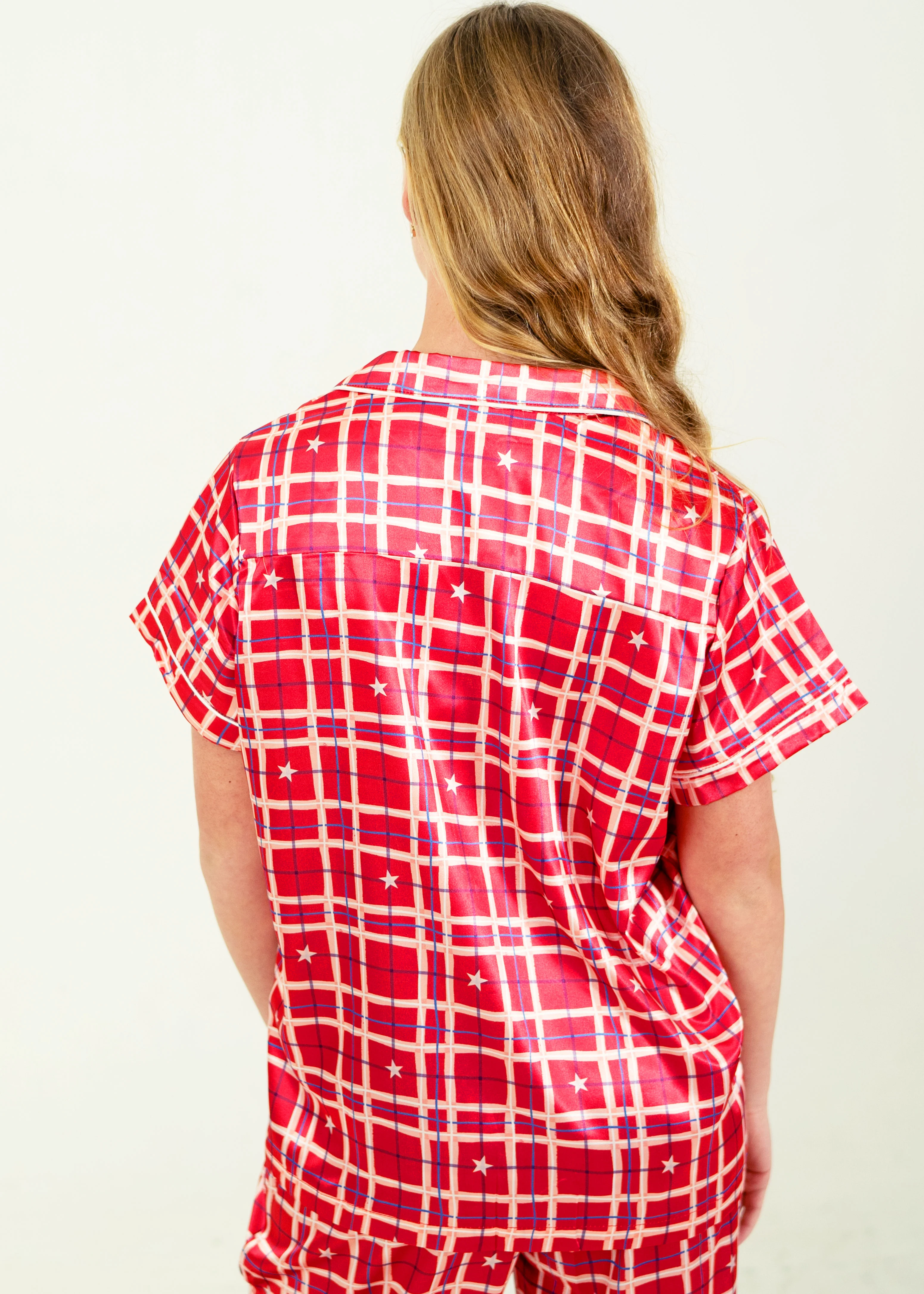 Starry Tartan Red Satin Short Top/ Long Pants Pyjama Set - Image 4