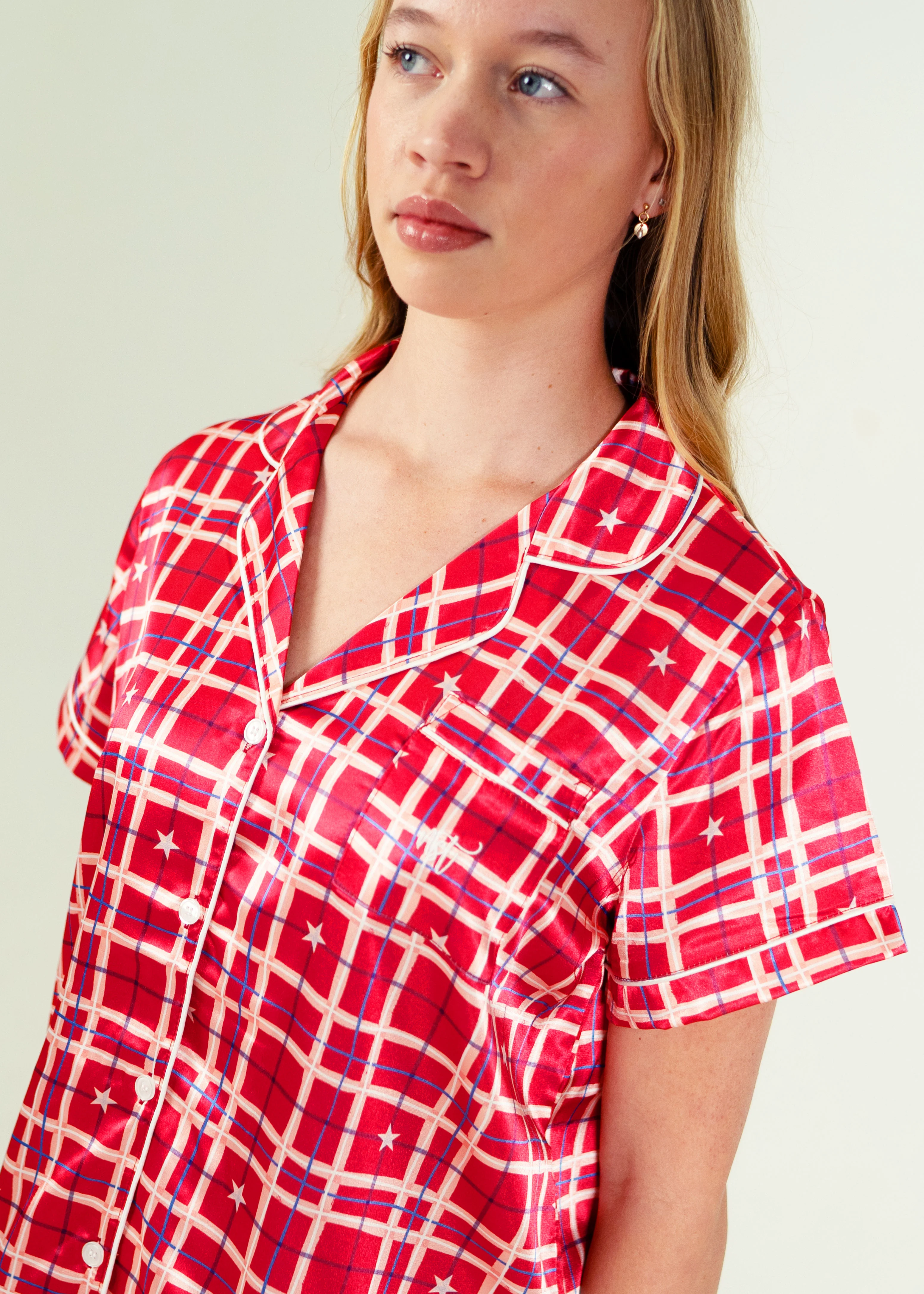 Starry Tartan Red Satin Short Top/ Long Pants Pyjama Set - Image 5