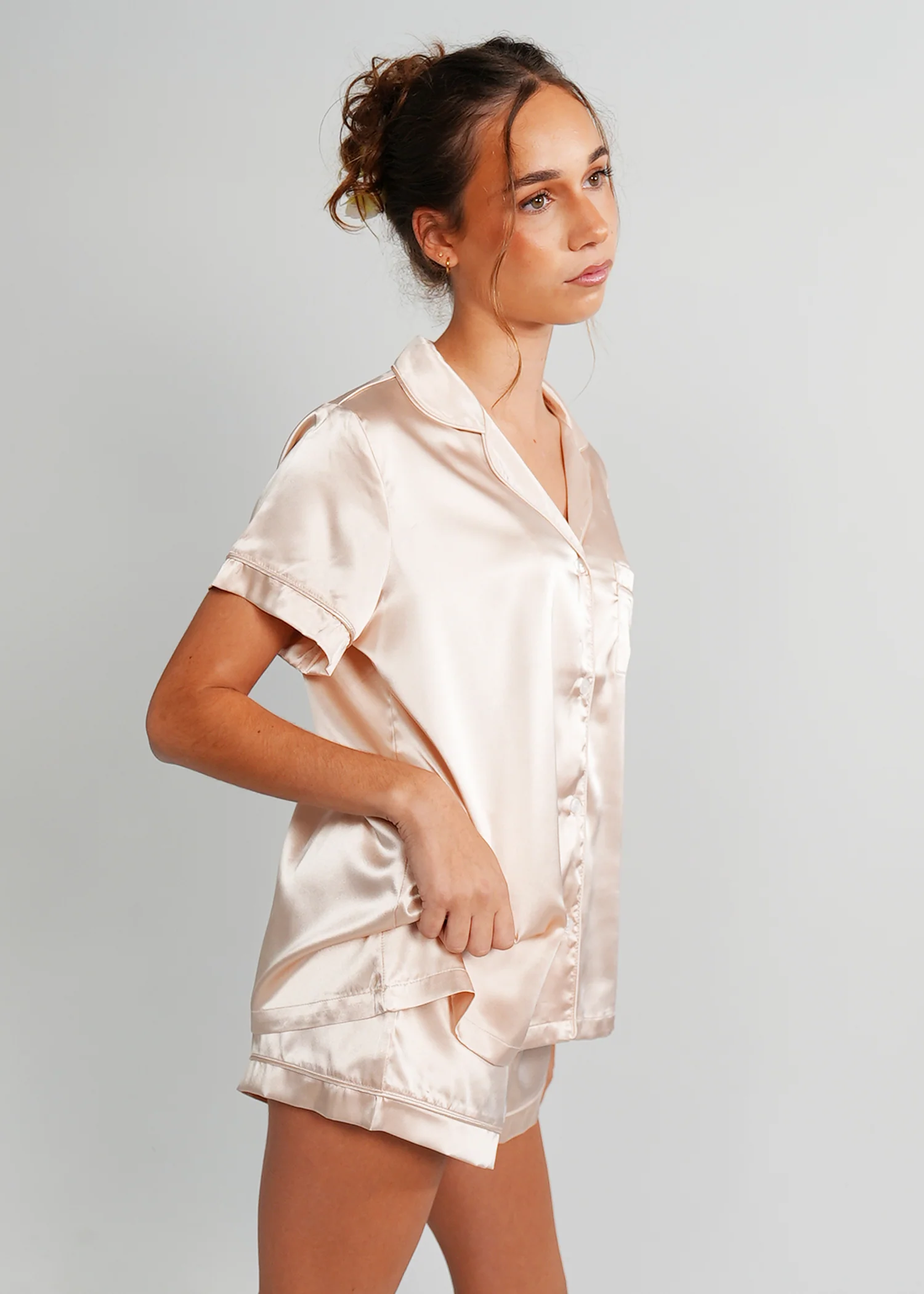 Womens Almond Latte Satin Short PJ Set - Image 2