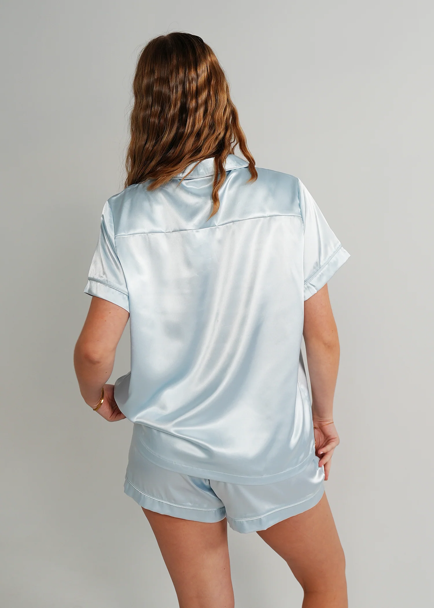 Womens Baby Blue (With Blue Piping) Satin Short Pyjama Set - Image 3