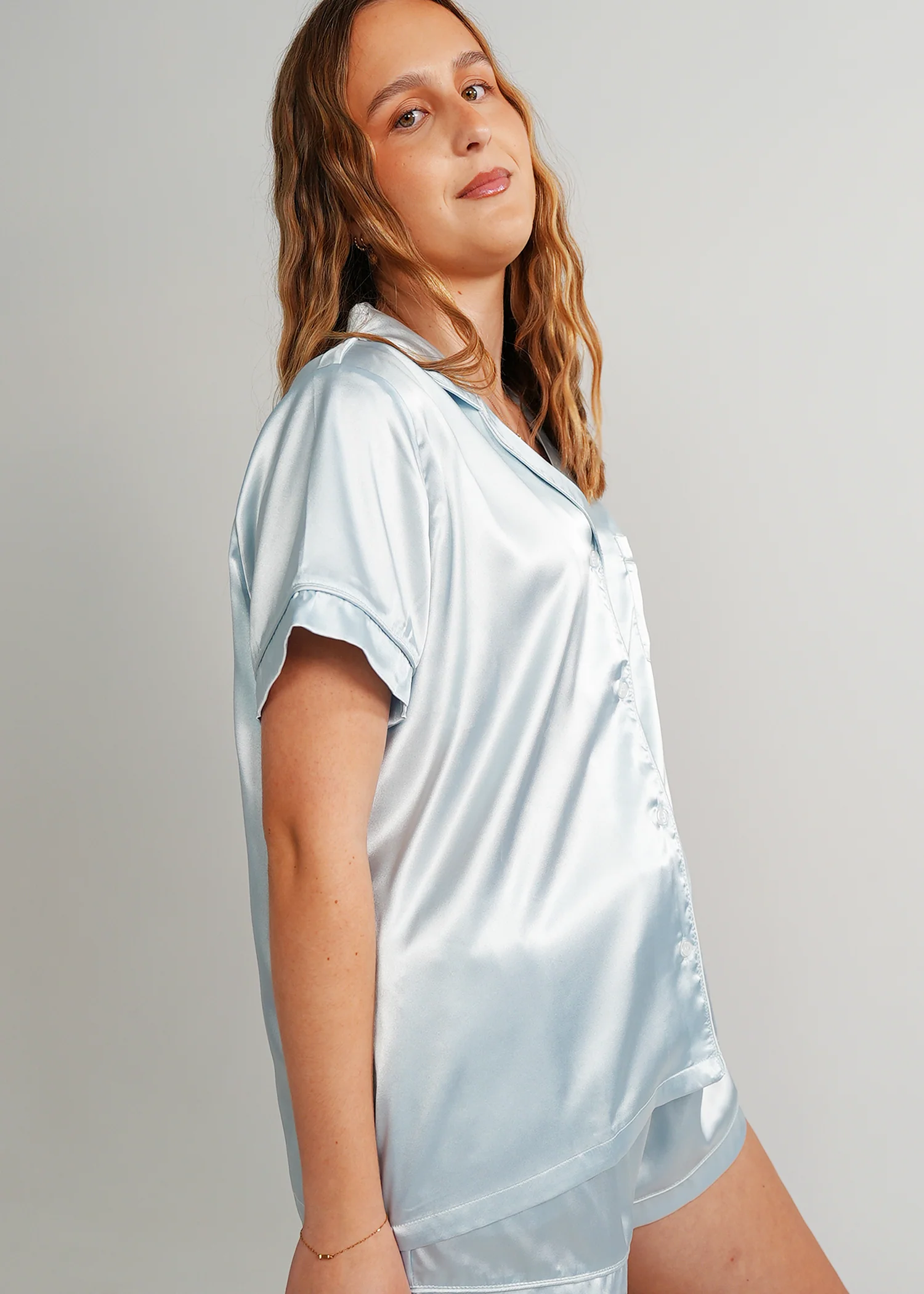 Womens Baby Blue (With Blue Piping) Satin Short Pyjama Set - Image 4