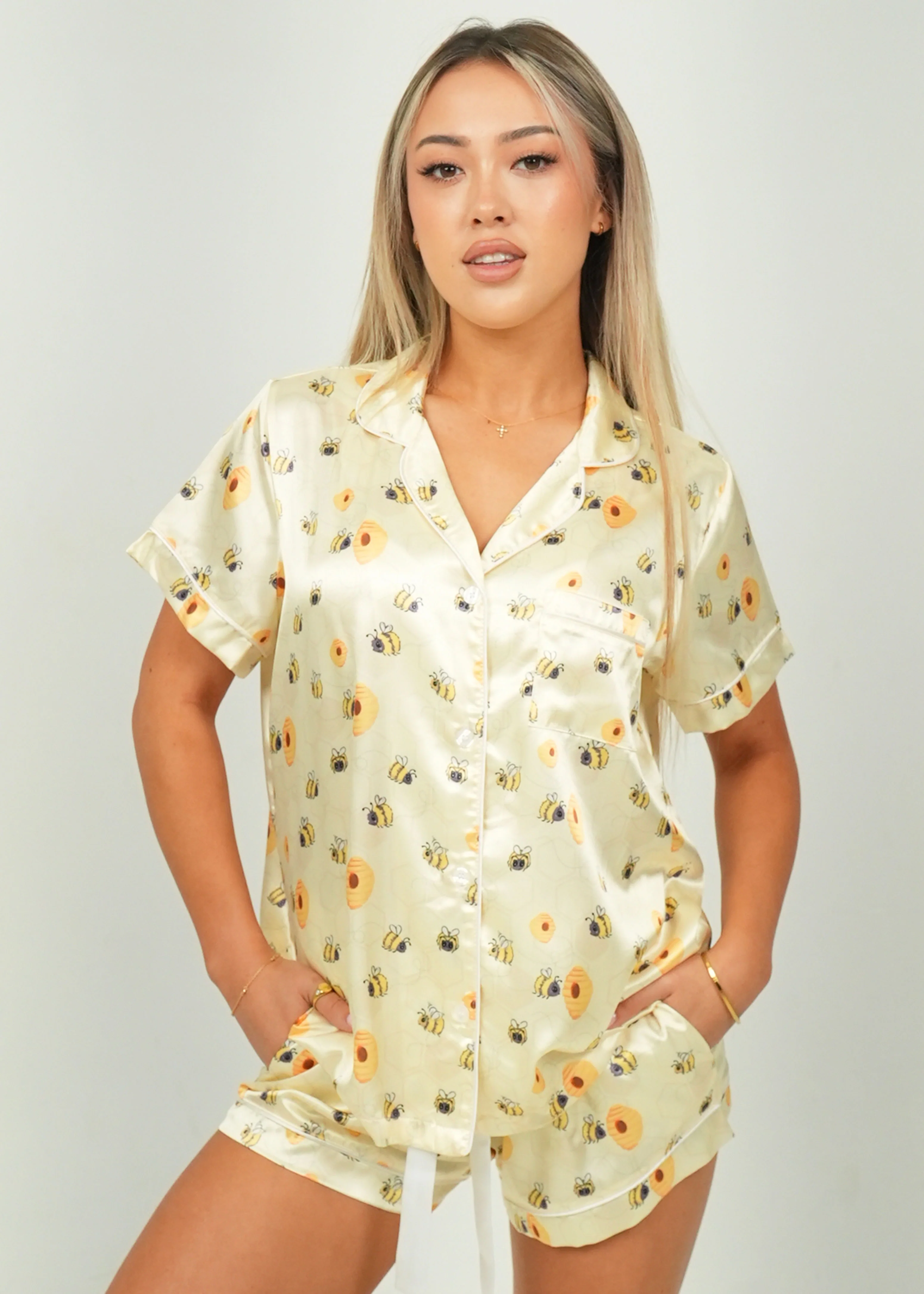 Yellow Bumble Bees Short Satin PJ Set - Image 3