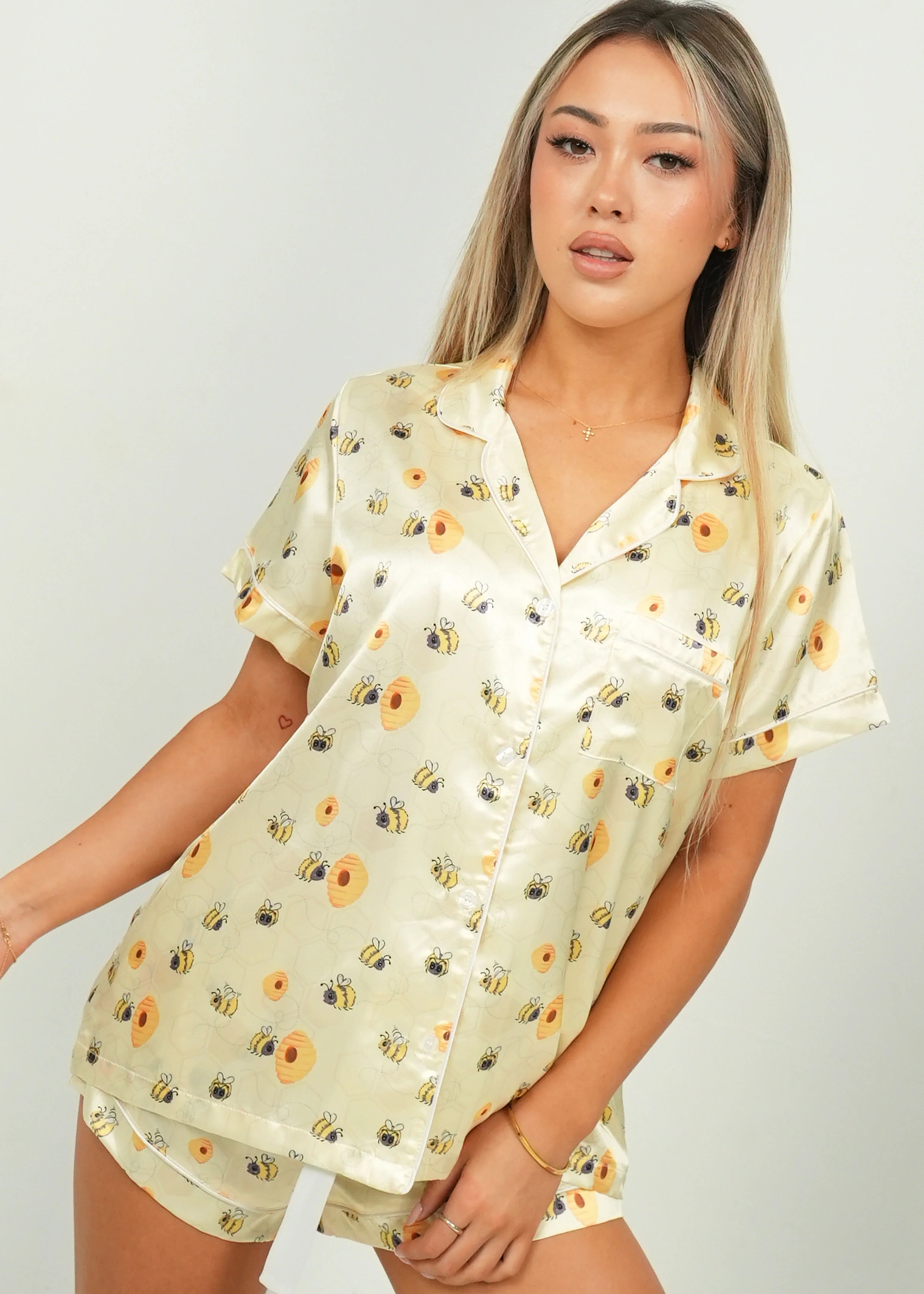 Yellow Bumble Bees Short Satin PJ Set - Image 5
