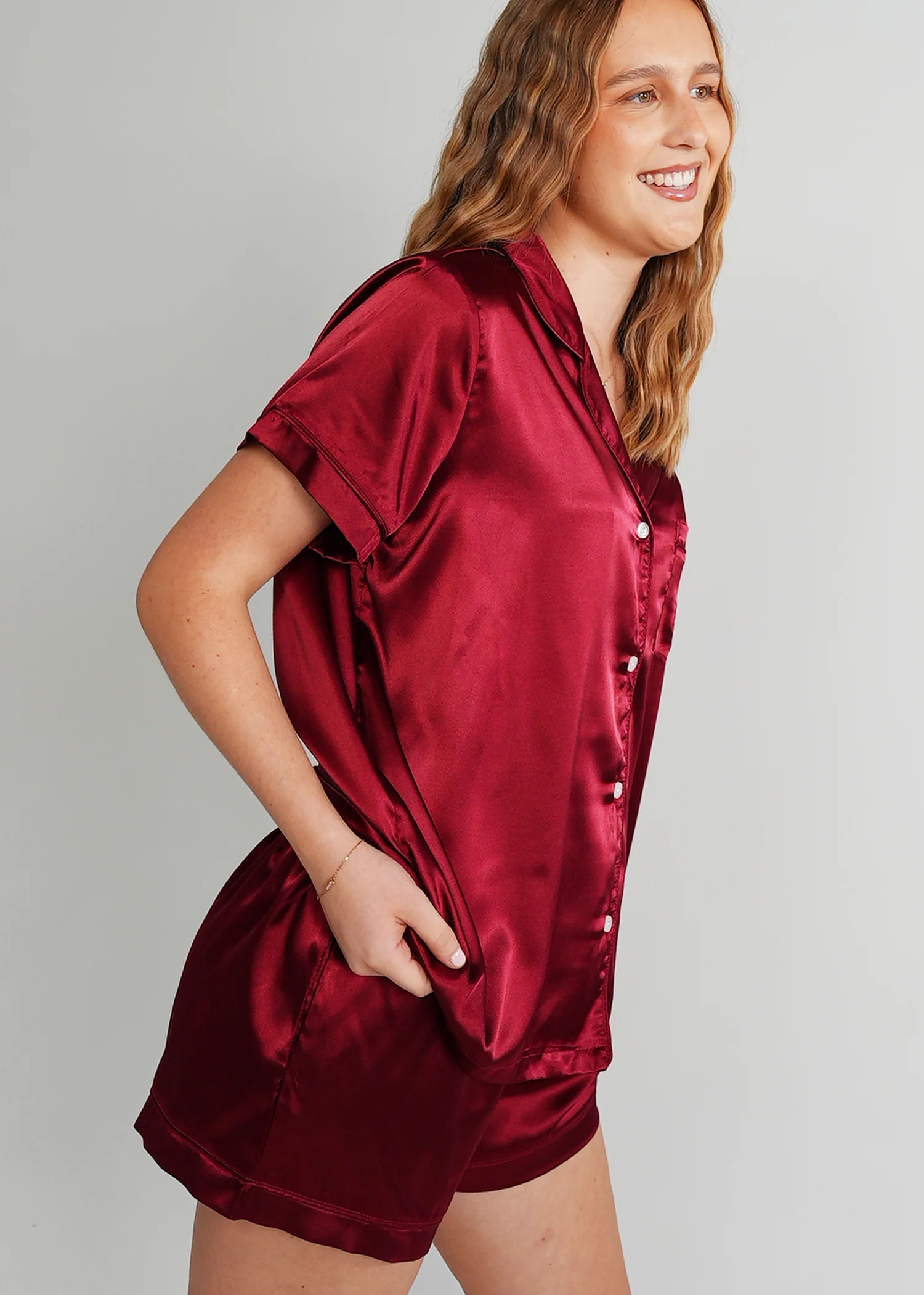 Womens Cherry Wine Satin Short Pyjama Set - Image 4