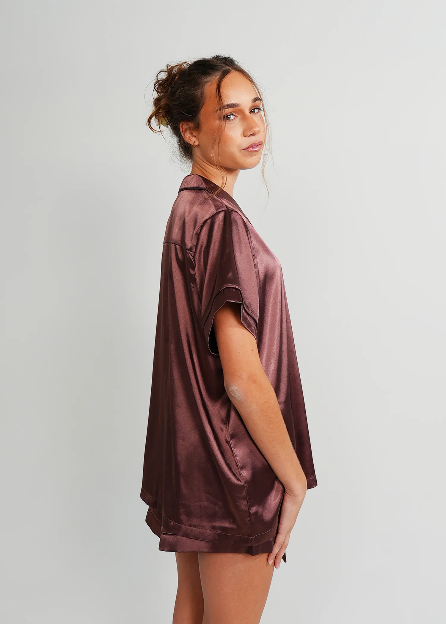 Womens Chocolate Satin Short PJ Set - Image 3