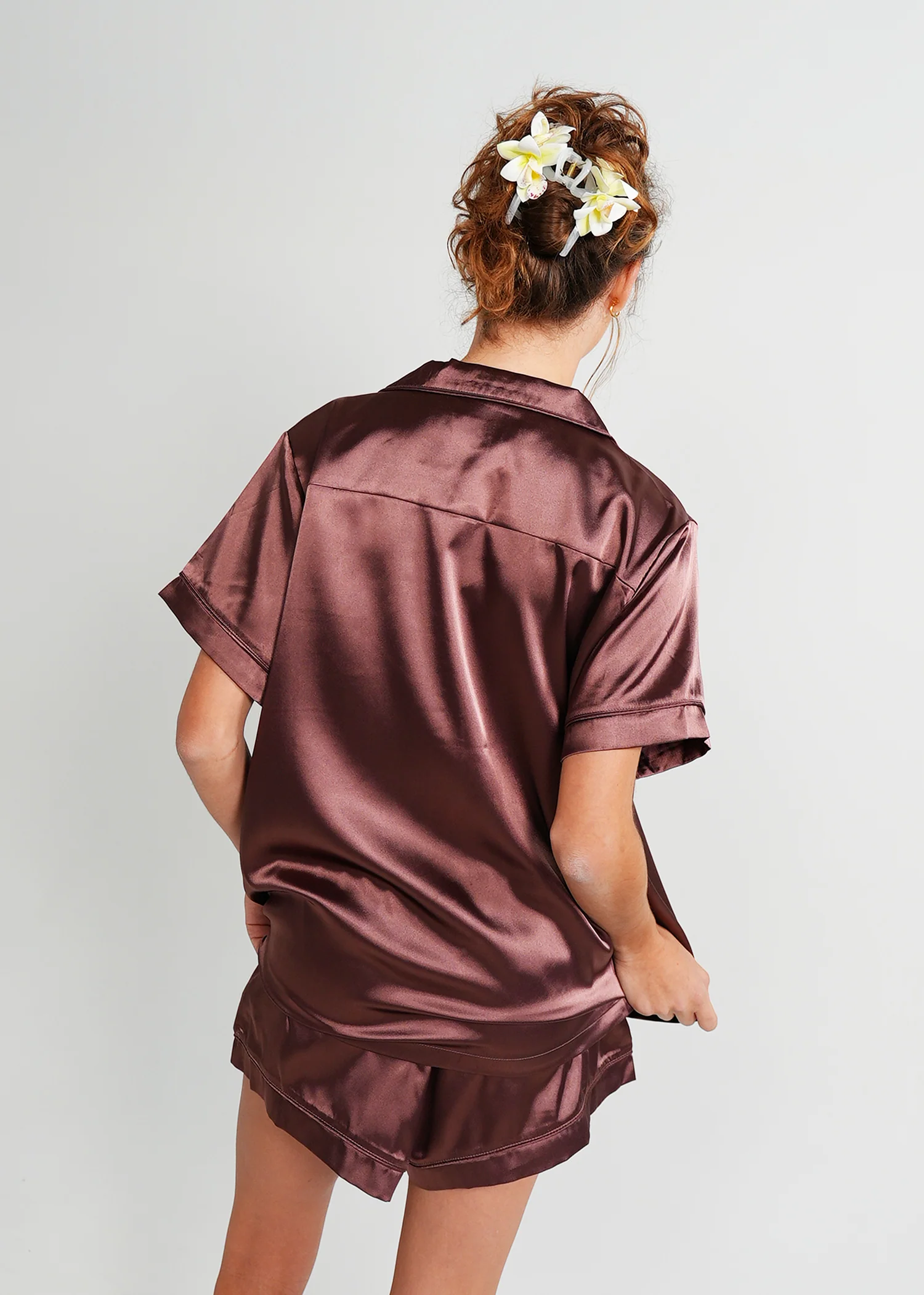 Womens Chocolate Satin Short PJ Set - Image 4