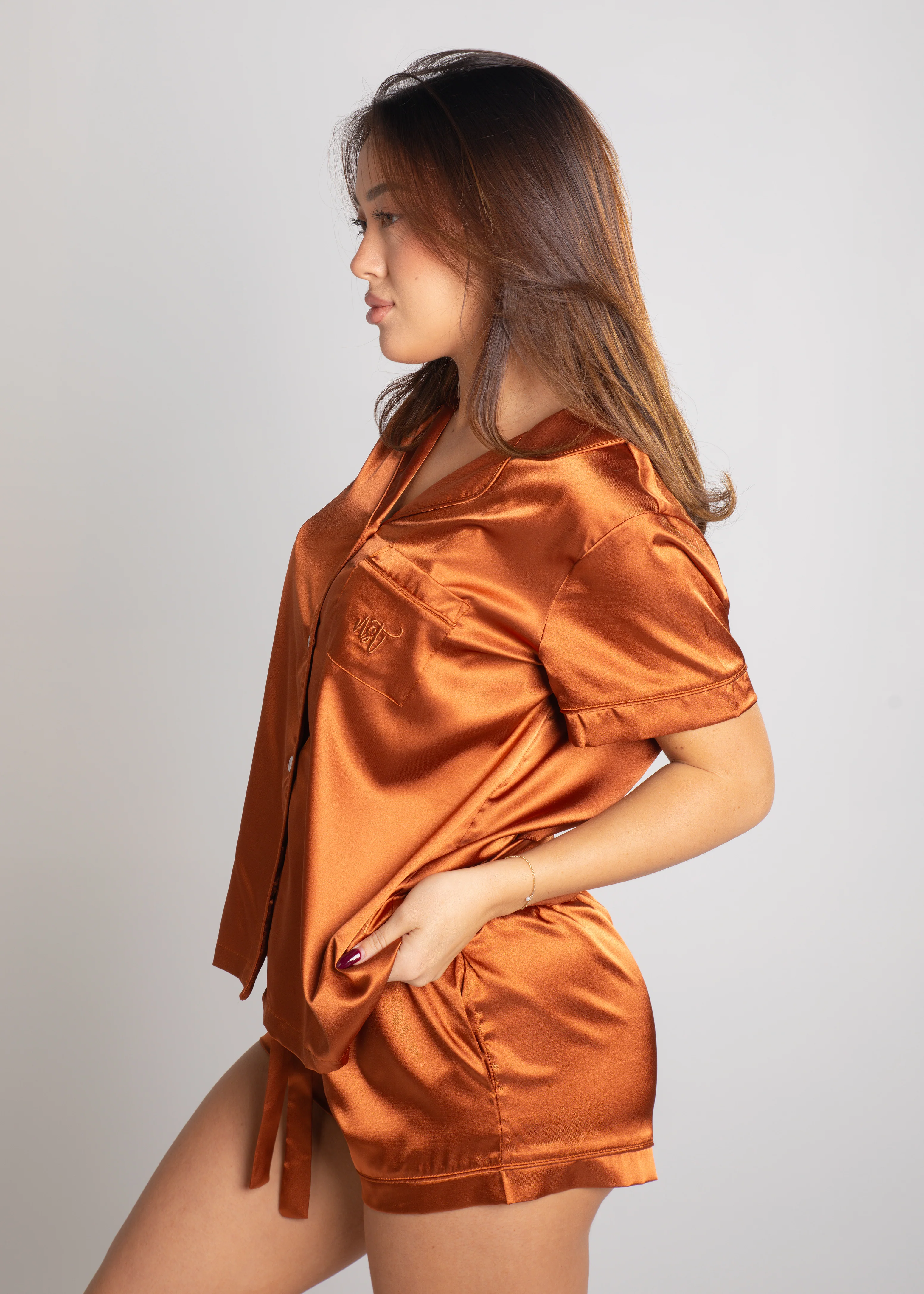 Womens Copper Satin Short PJ Set - Image 2