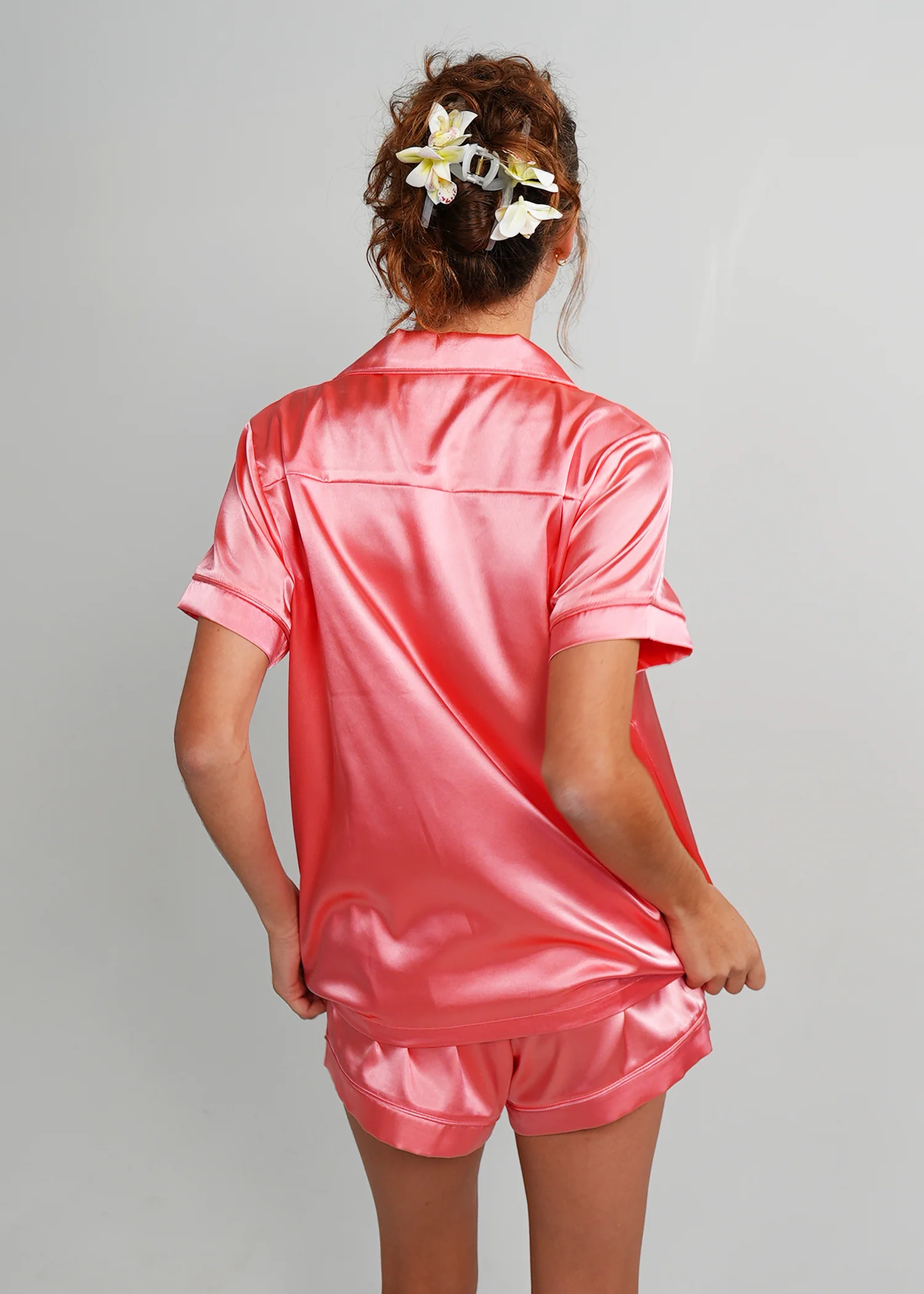 Womens Coral Pink Satin Short Pyjama Set - Image 3