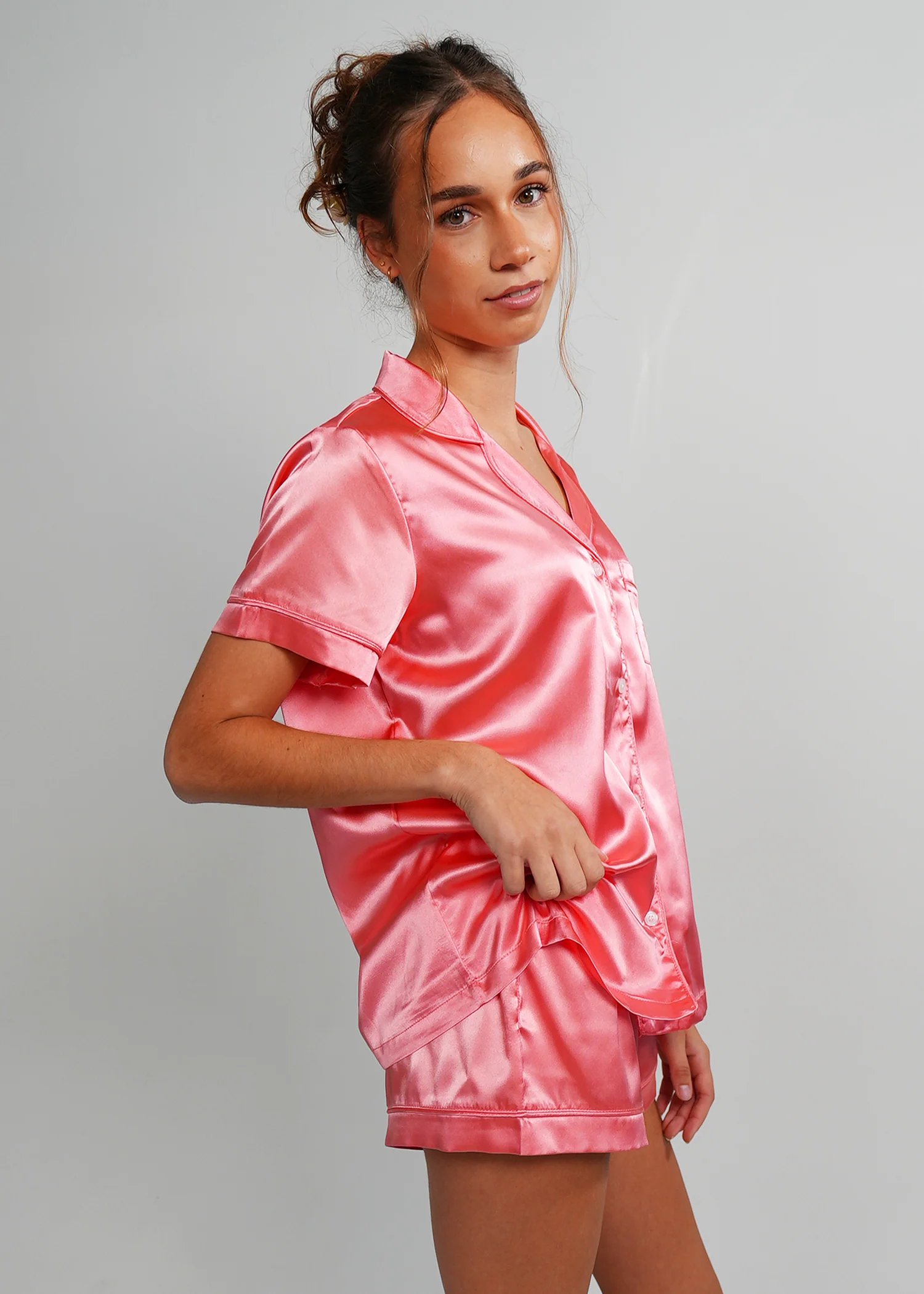 Womens Coral Pink Satin Short Pyjama Set - Image 4