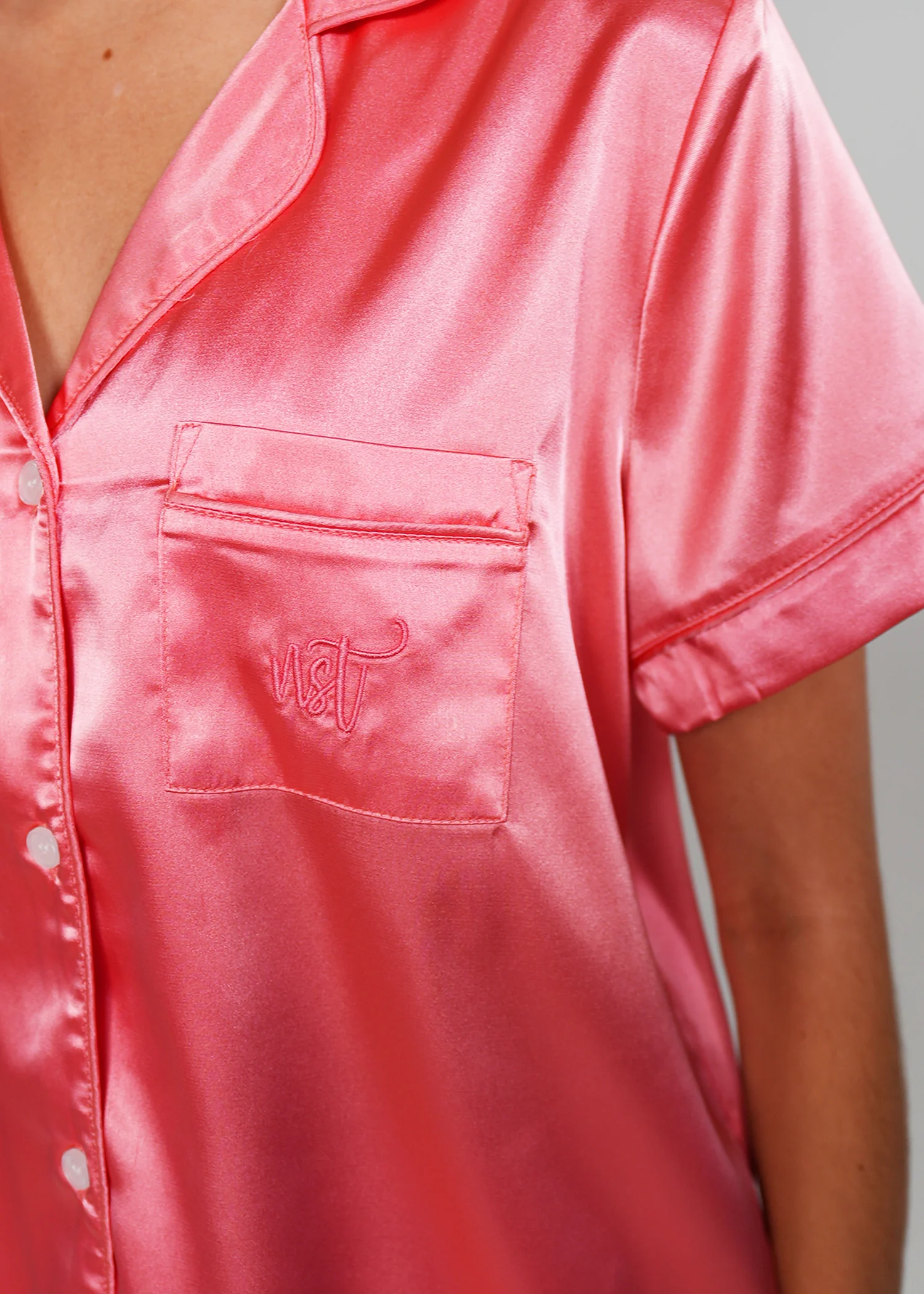 Womens Coral Pink Satin Short Pyjama Set - Image 7