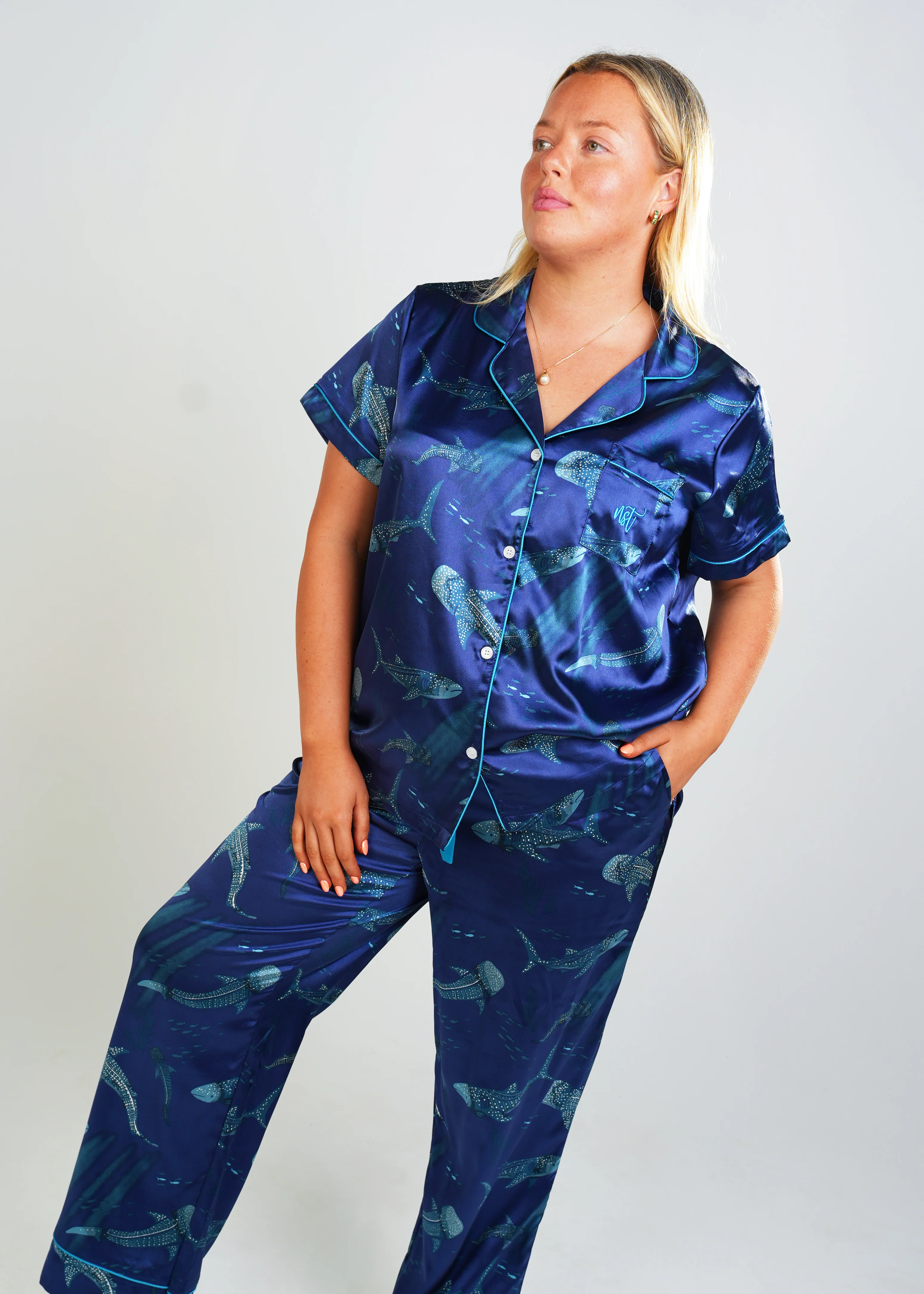 Women's Creatures Of The Deep Satin Short Top/Long Pants PJ Set - Image 3