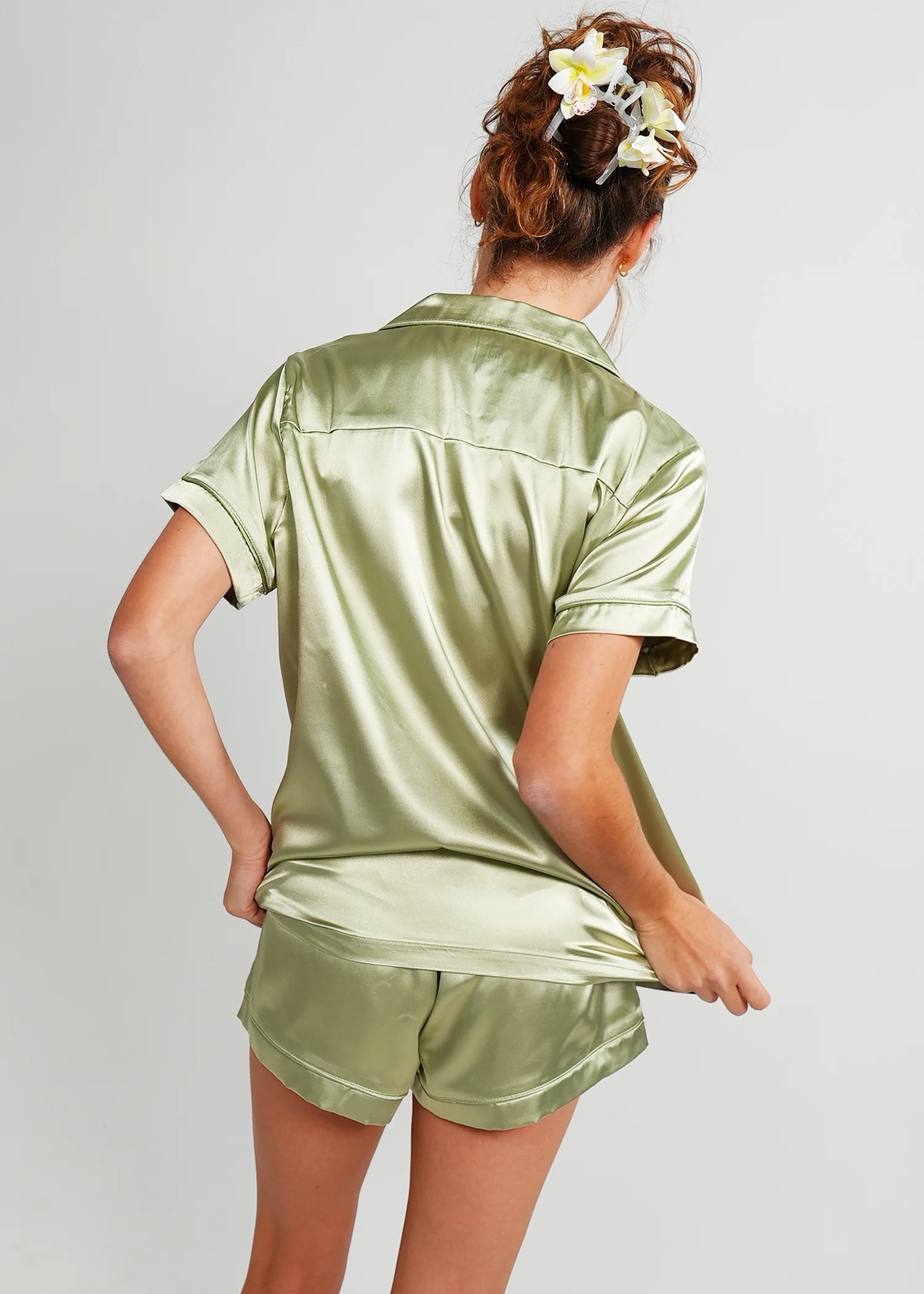 Womens Gum Leaf Satin Short Pyjama Set - Image 3