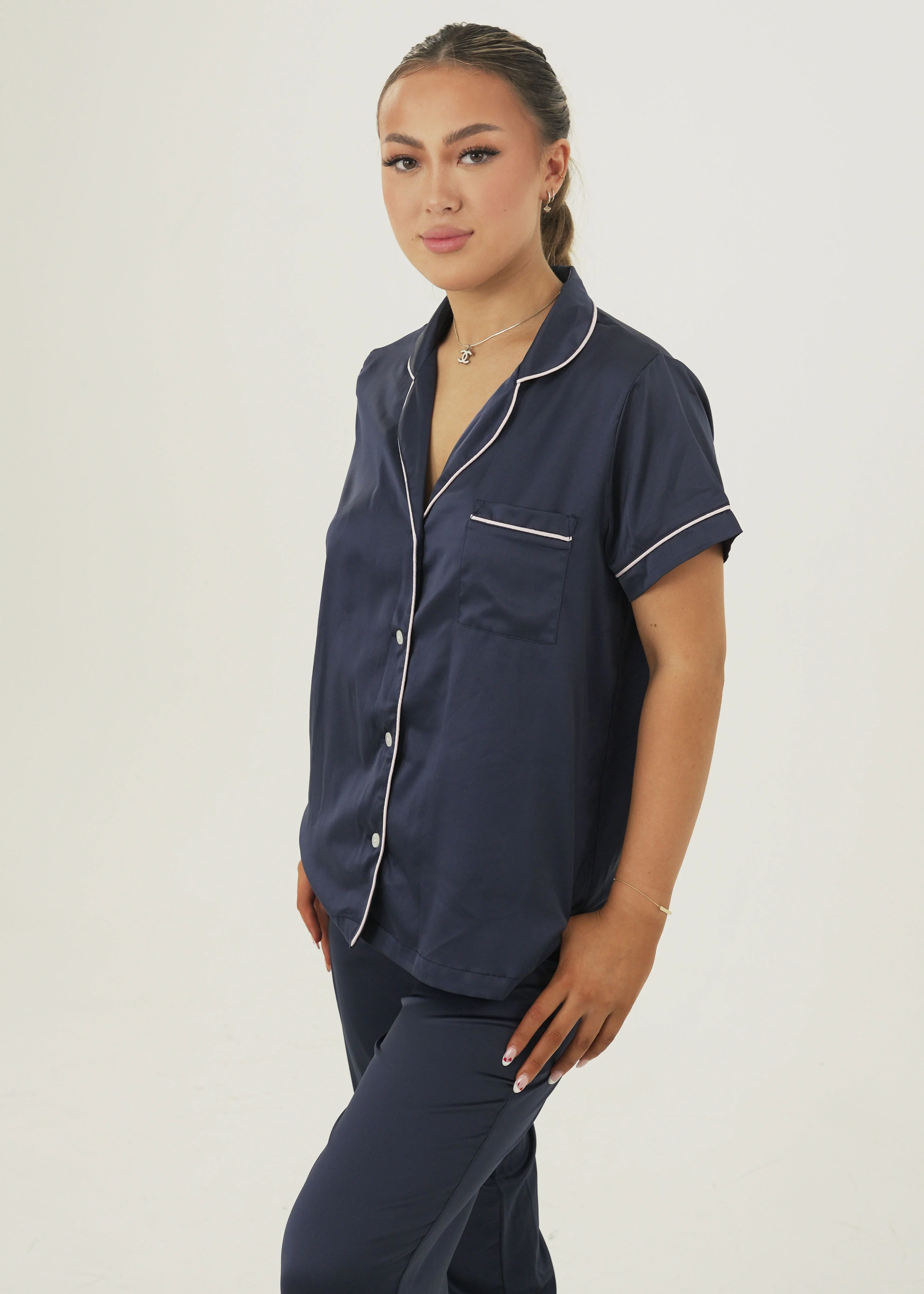 Matte Navy Satin Short Top/Long Pants PJ Set - Image 2