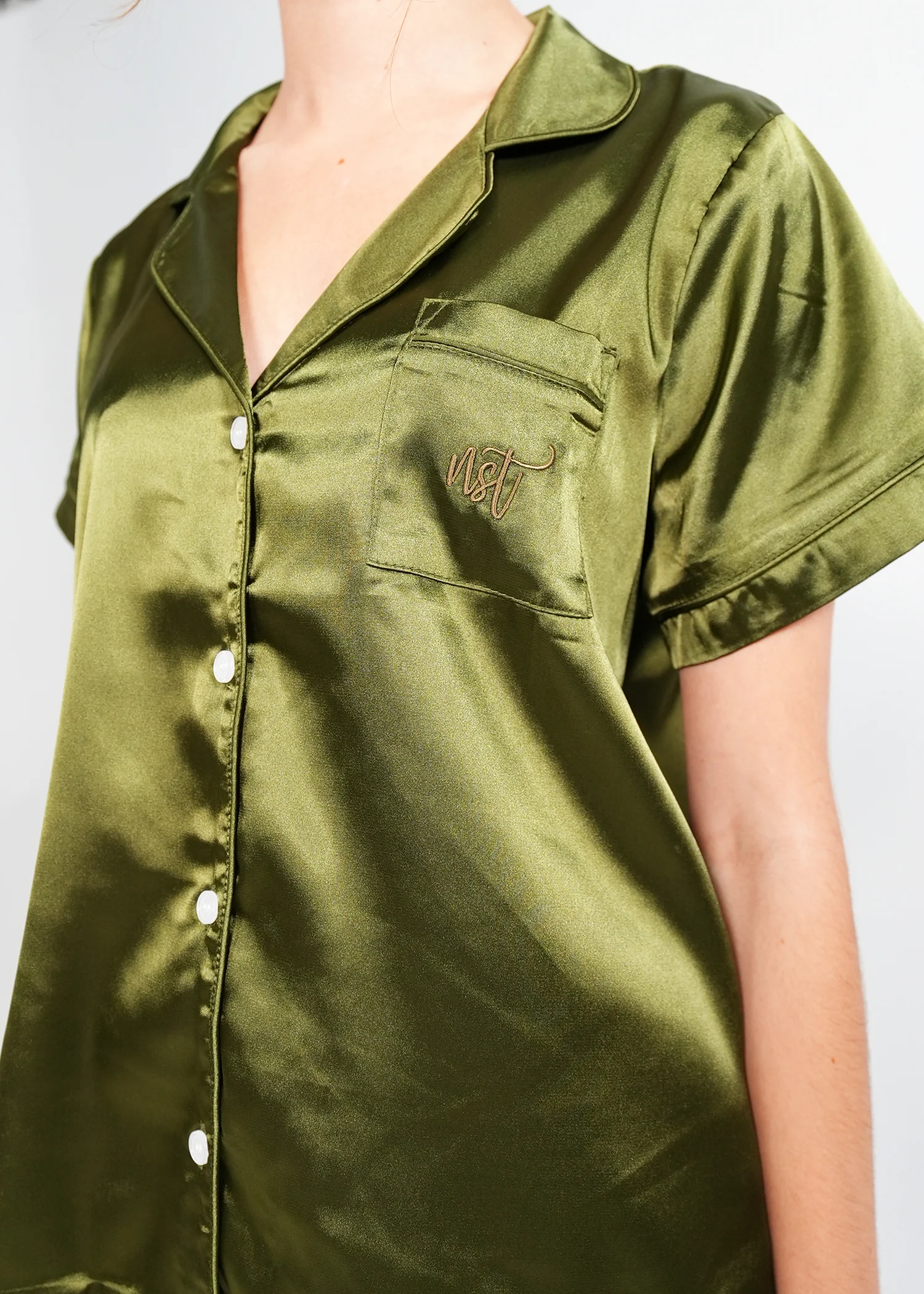 Womens Olive Green Satin Short PJ Set - Image 11