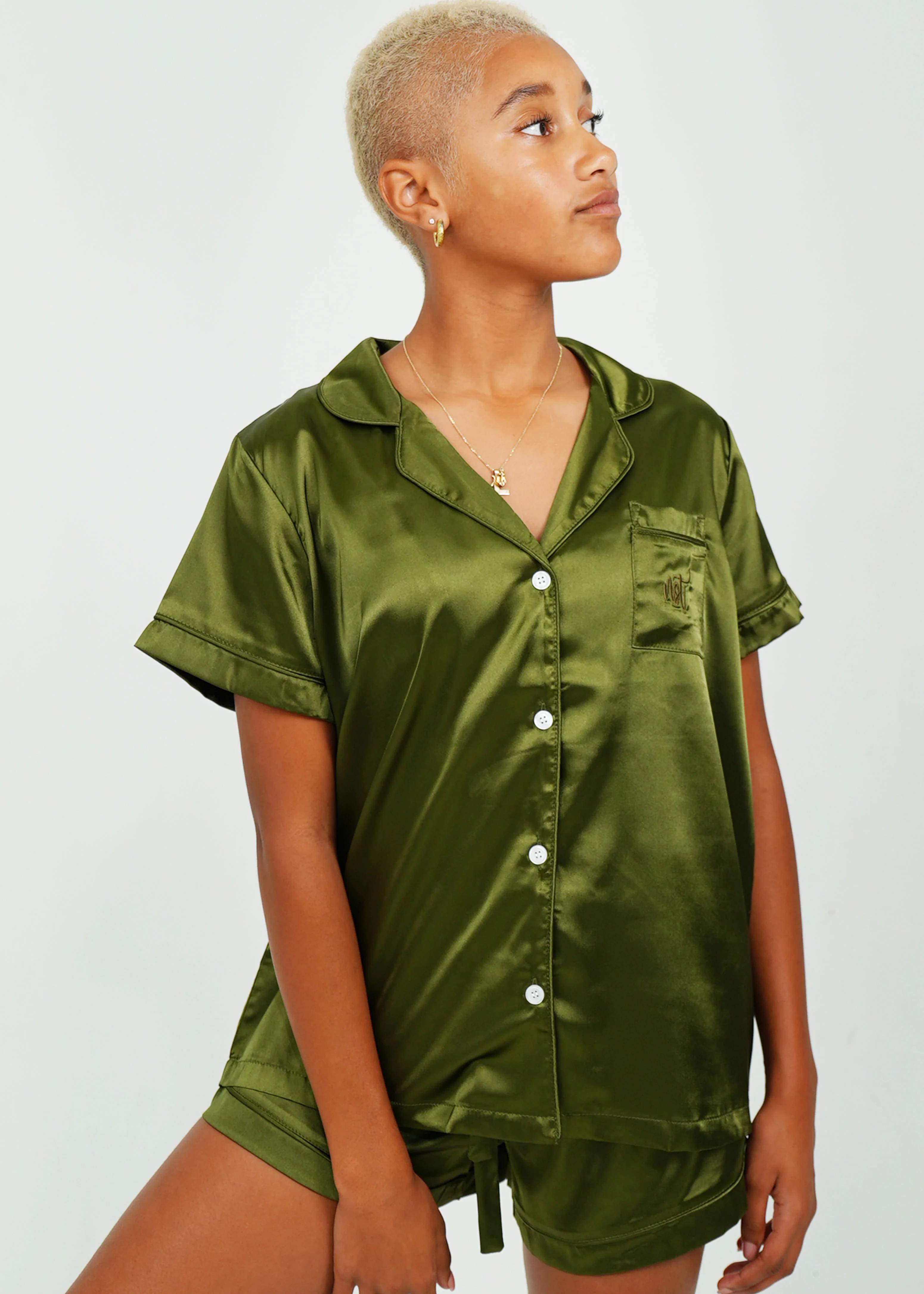 Womens Olive Green Satin Short PJ Set - Image 3