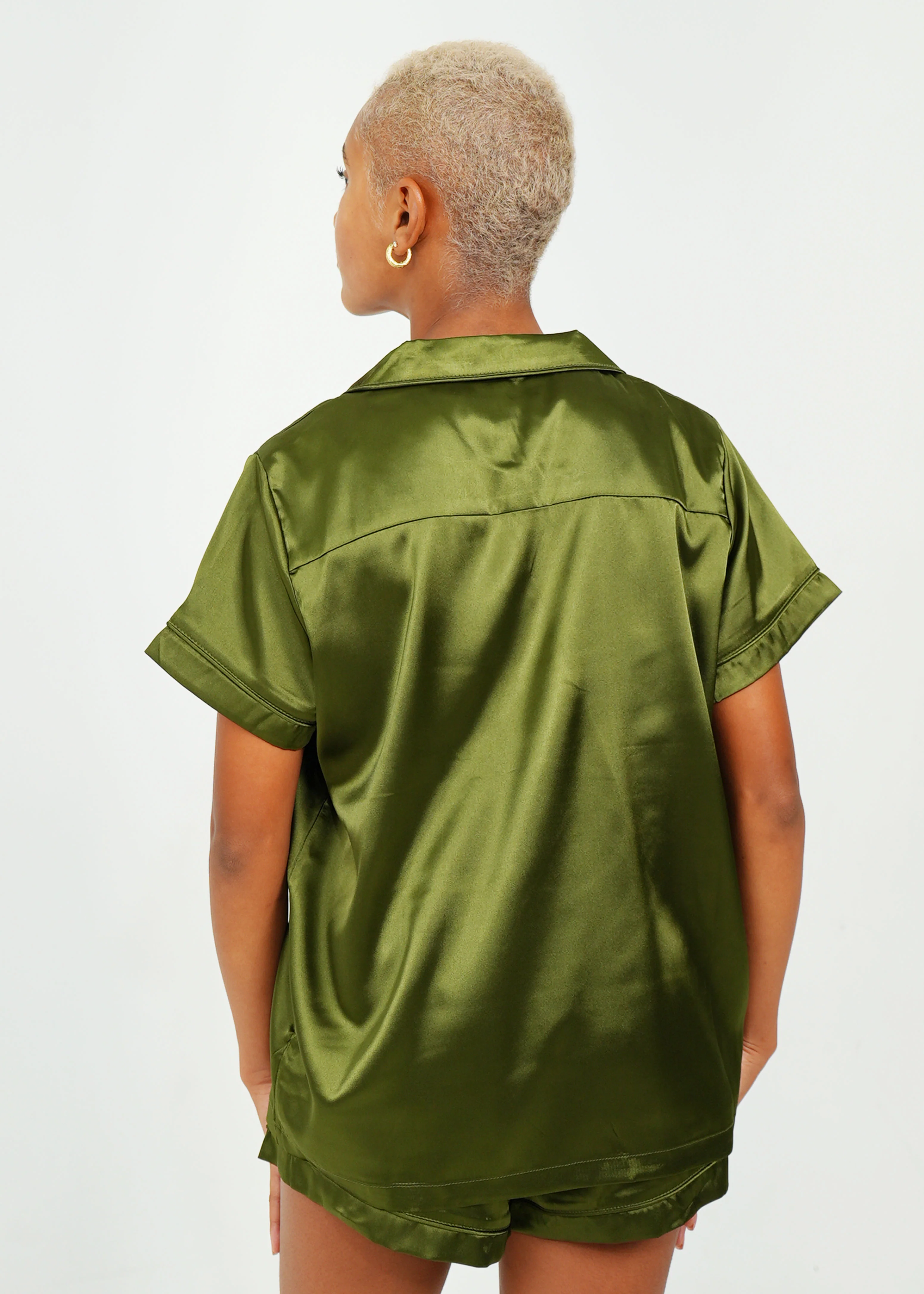 Womens Olive Green Satin Short PJ Set - Image 6