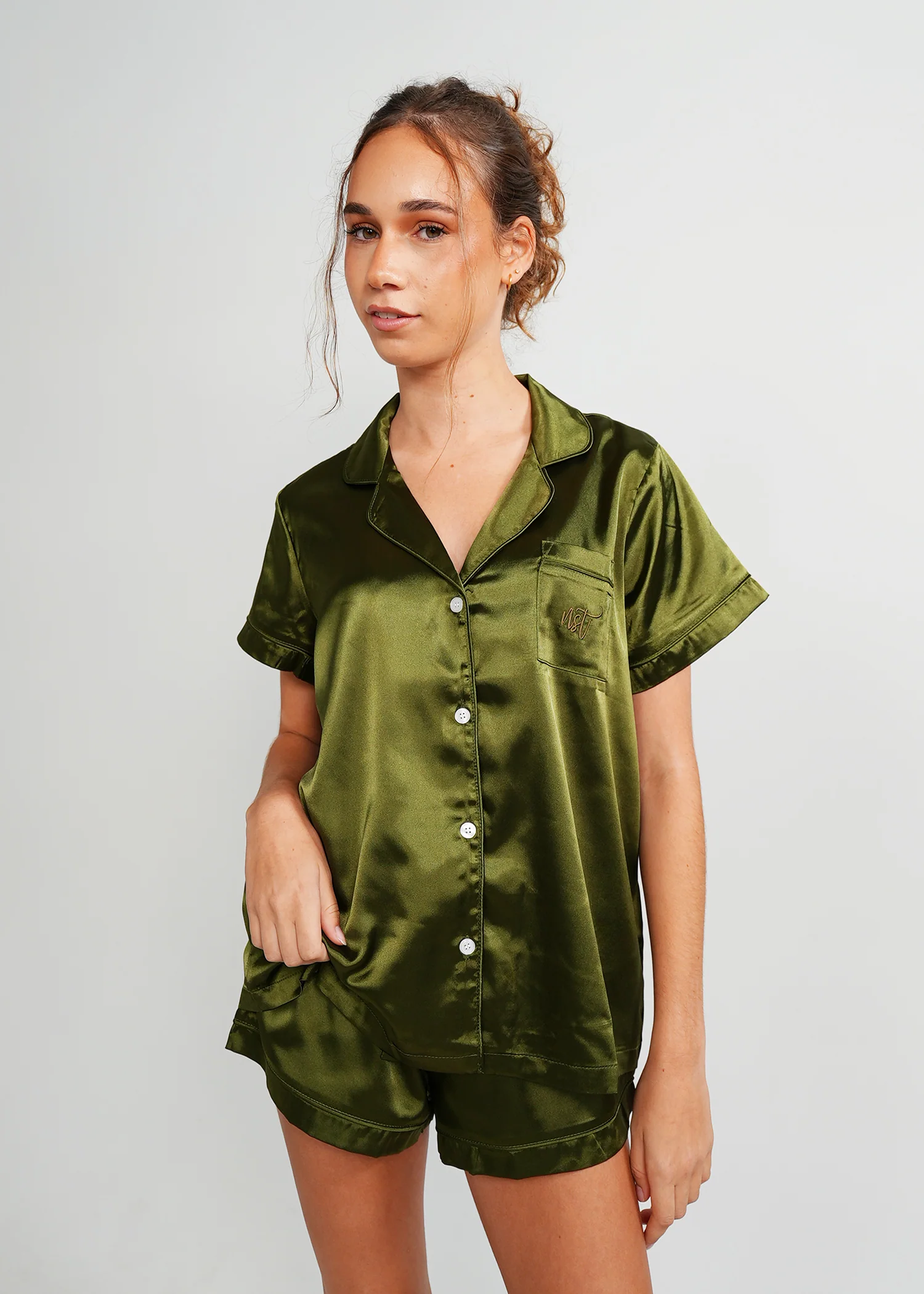 Womens Olive Green Satin Short PJ Set - Image 7