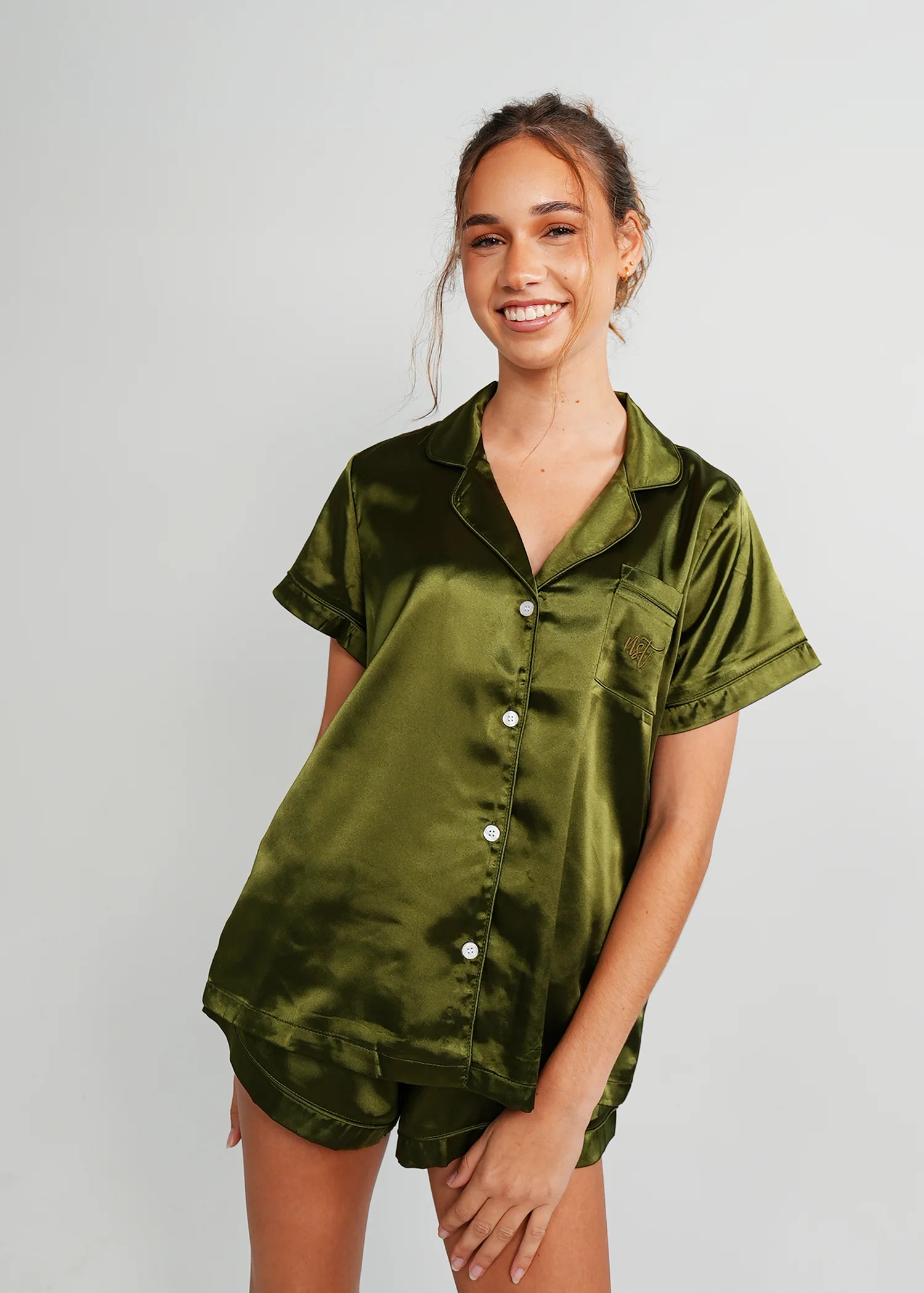 Womens Olive Green Satin Short PJ Set - Image 8