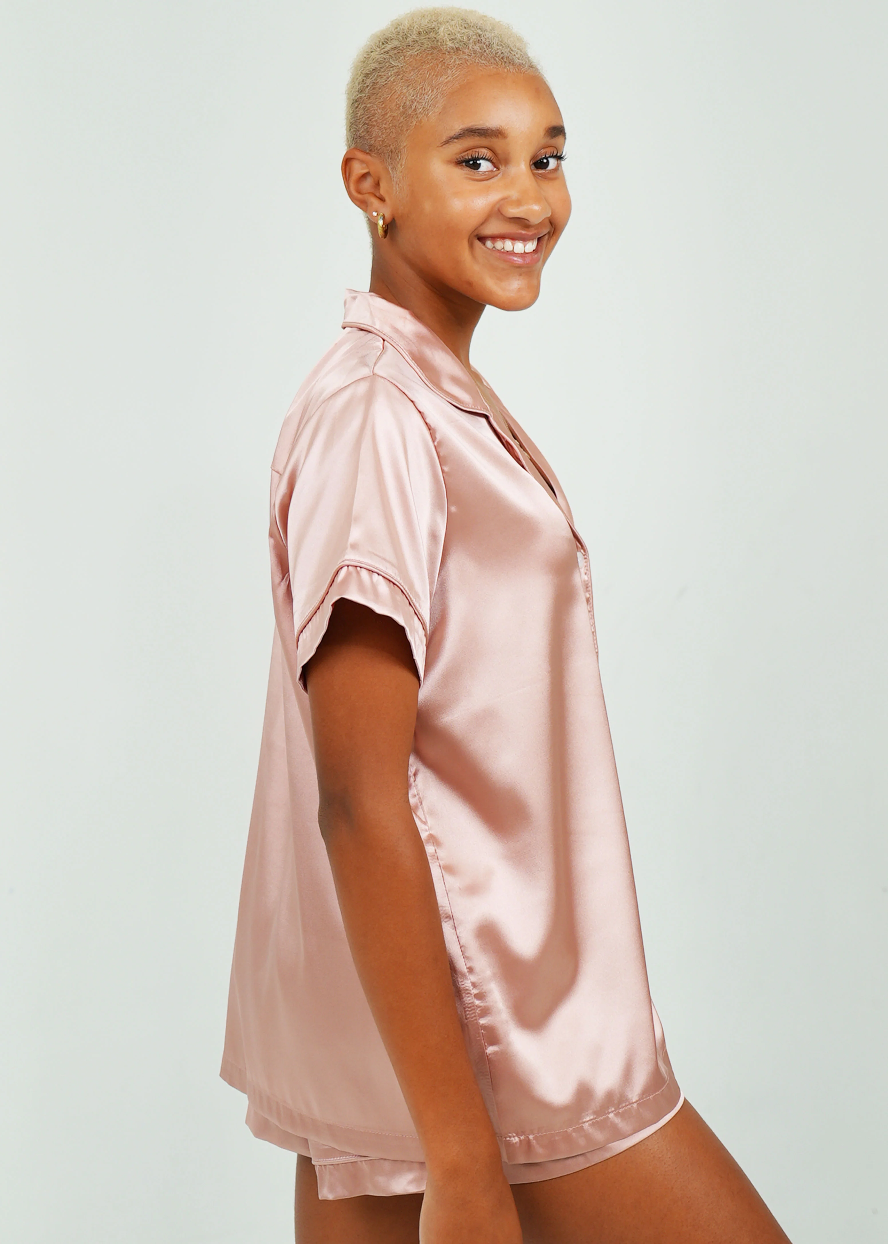 Womens Rose Pink (With Rose Pink Piping) Satin Short Pyjama Set - Image 3