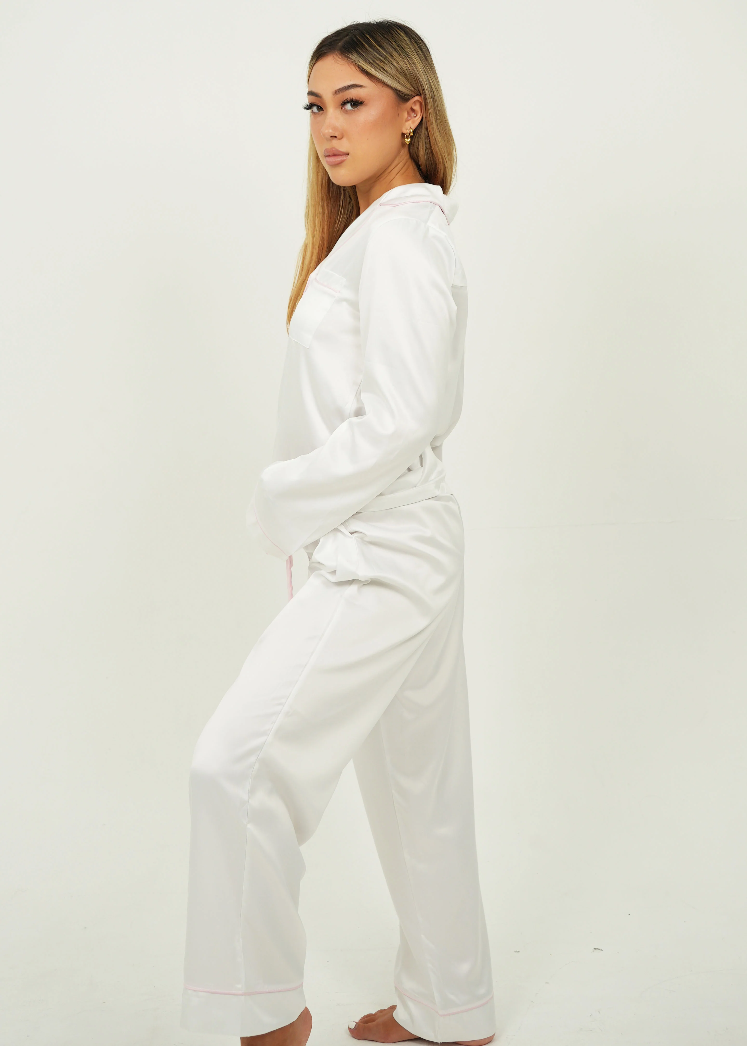 Womens White Matte Satin Long Pyjama Set - Image 3