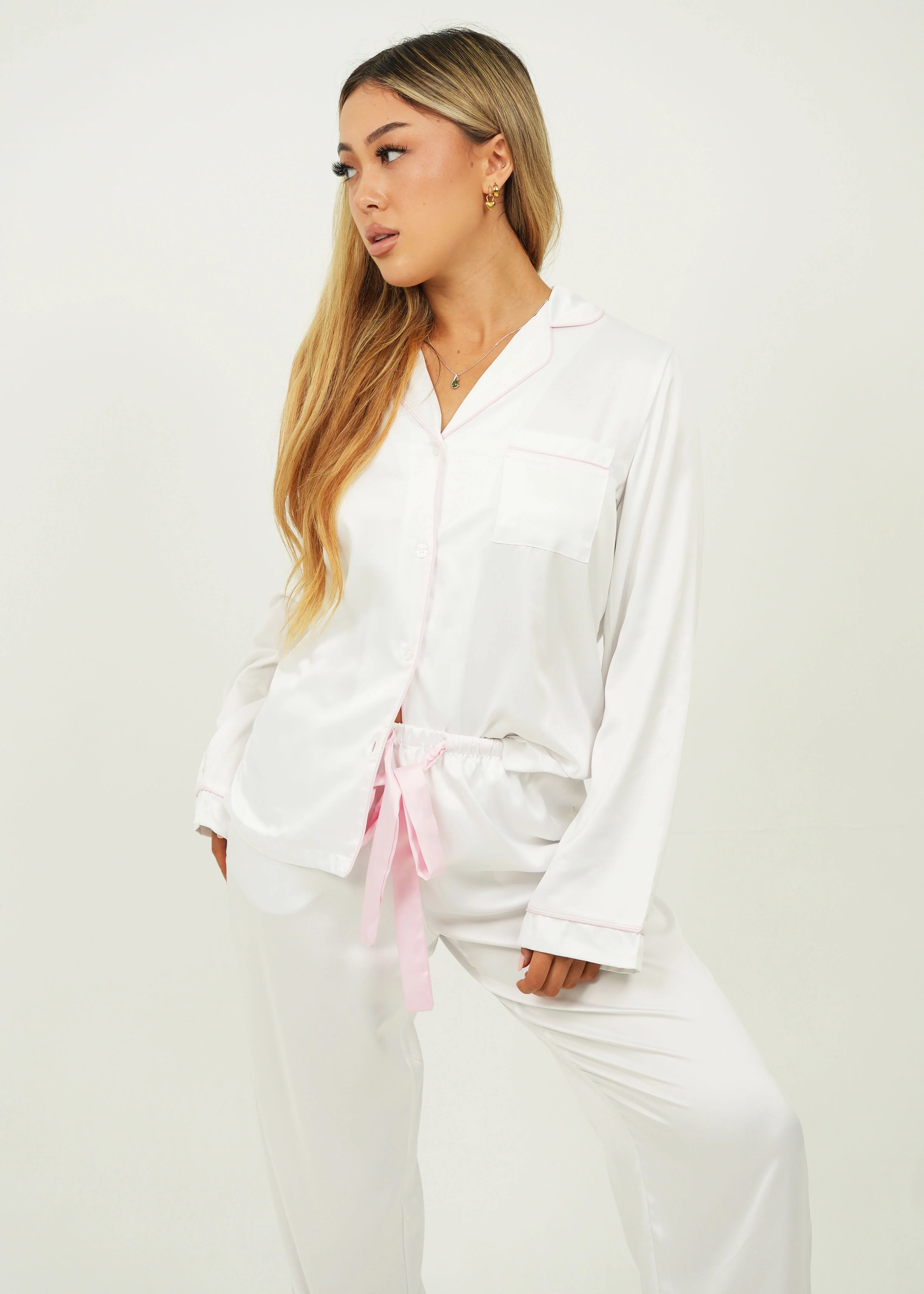 Womens White Matte Satin Long Pyjama Set - Image 4