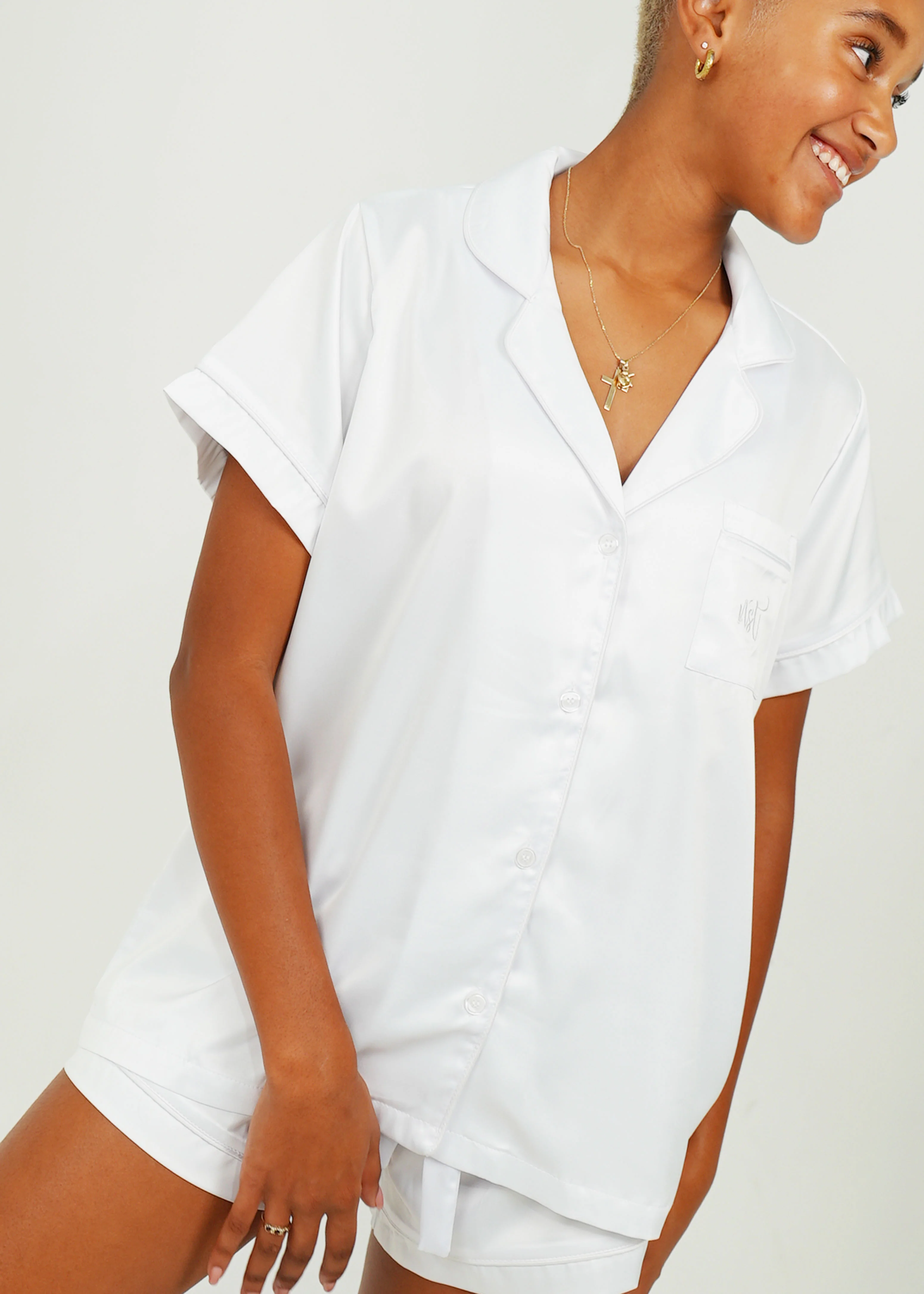 Womens White (With White Piping) Satin Short Pyjama Set - Image 3