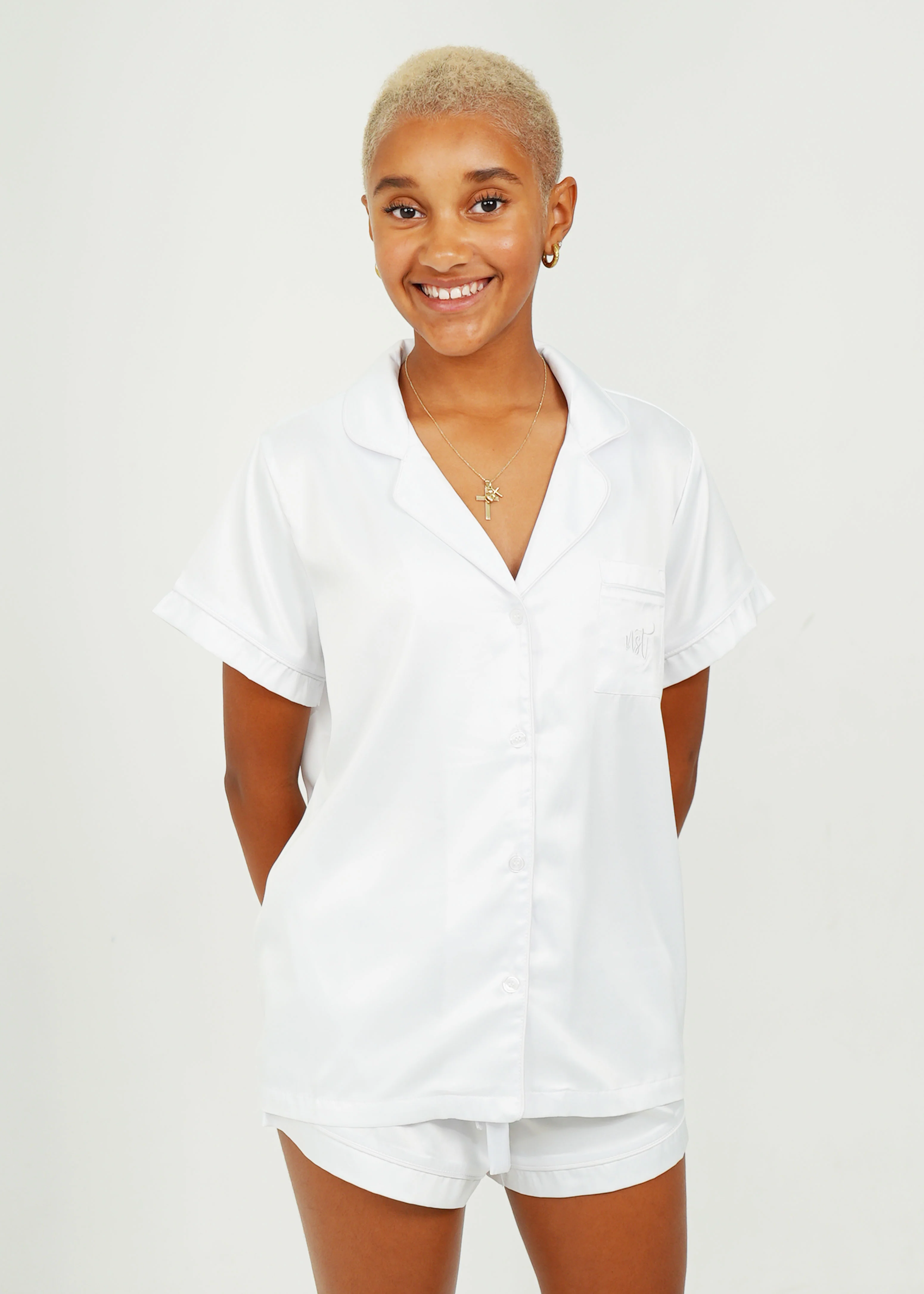Womens White (With White Piping) Satin Short Pyjama Set - Image 5